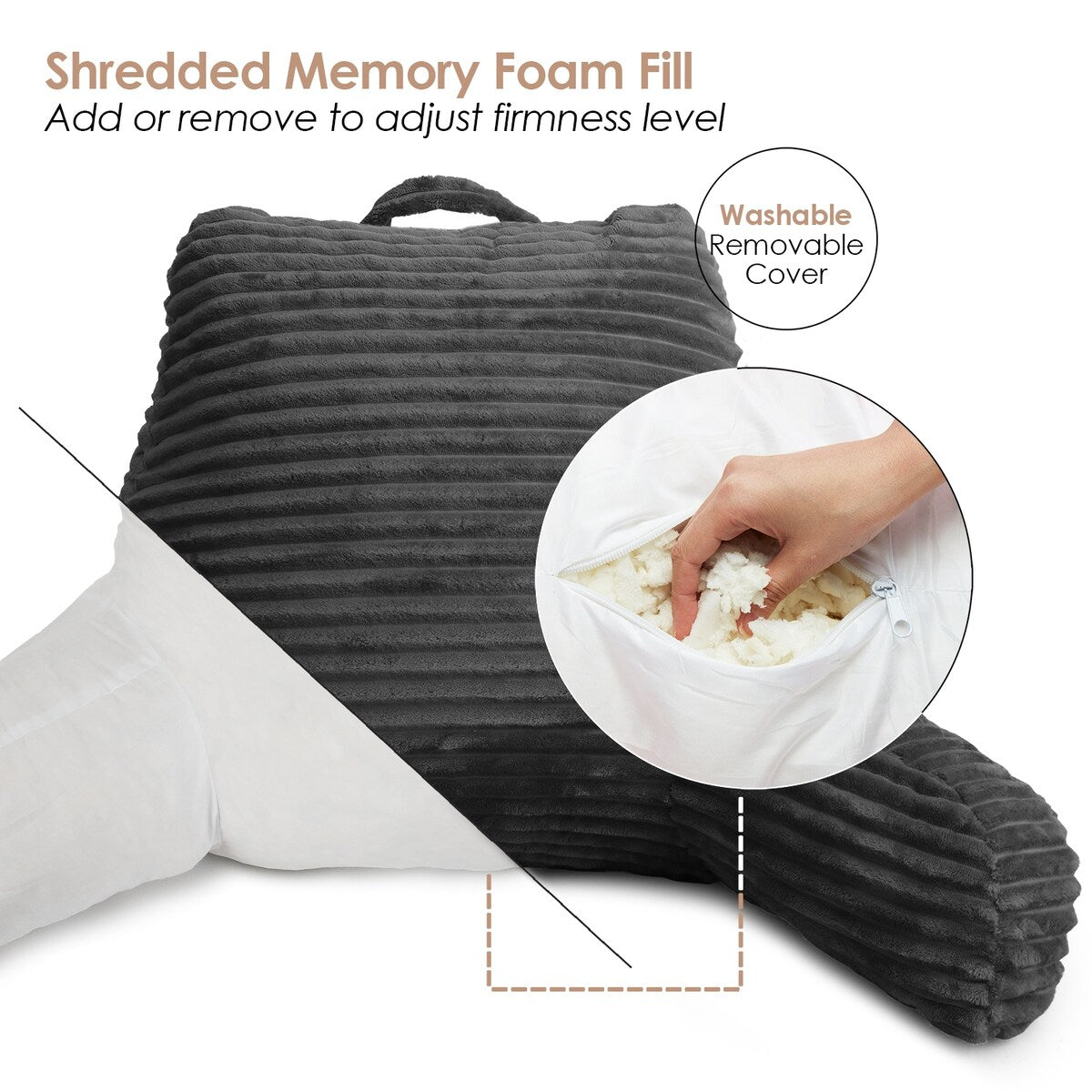 Clara Clark Cut Plush Striped Reading Pillow - Back Support Shredded Memory Foam Bed Rest Pillow with Arms