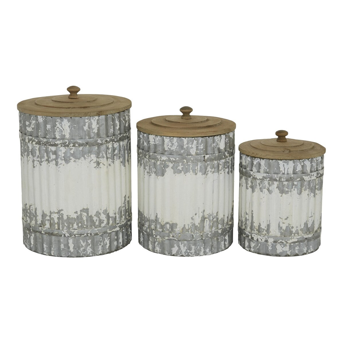 Metal Distressed Living Room Decorative Jars with Wood Lids - Set of 3 White - Roche River Decor