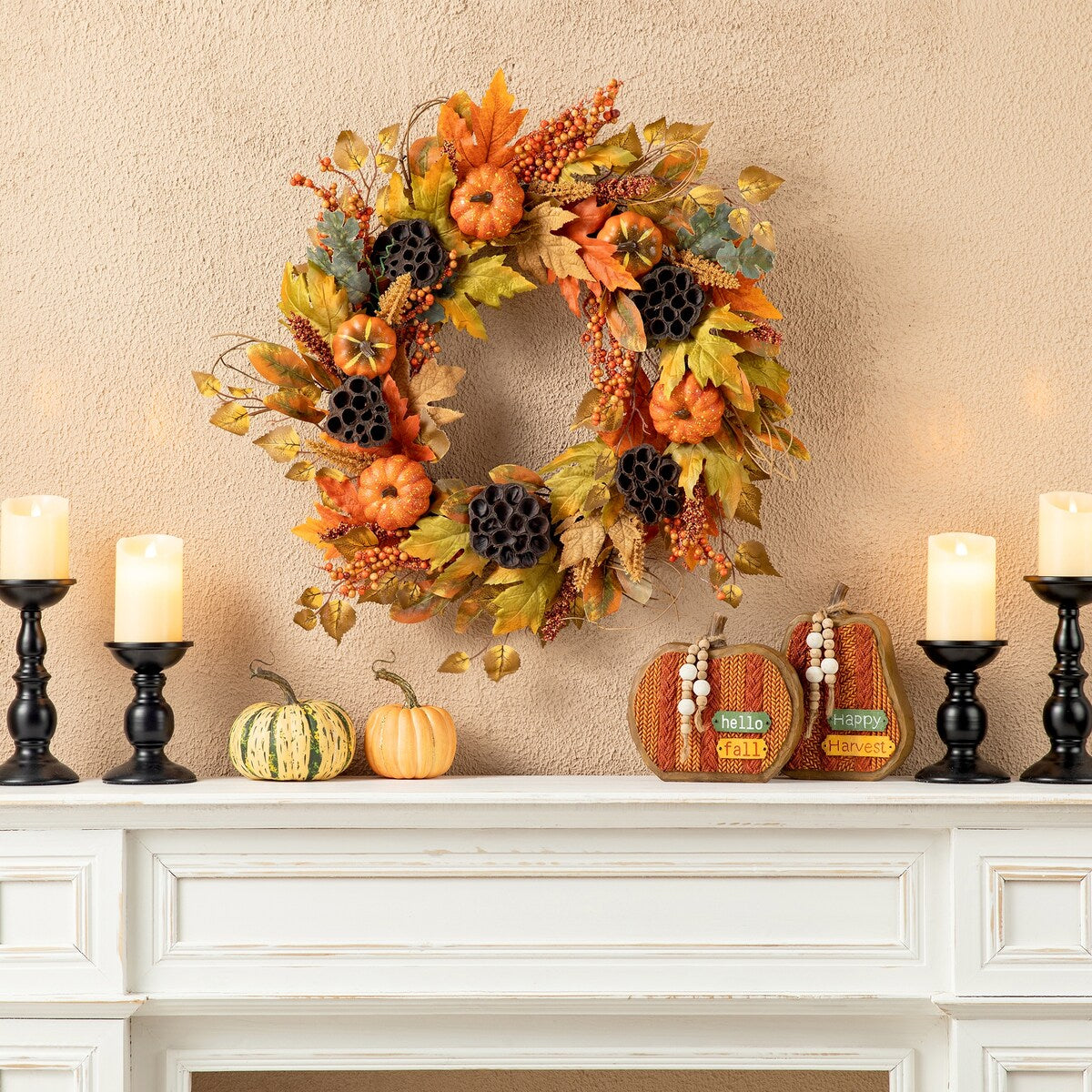 Glitzhome 24D Fall Pumpkin Sunflower Lotus Floral & Wreath for Thanksgiving