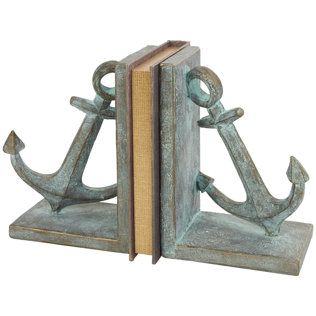 Polystone Anchor Distressed Patina Decorative Bookends with Gold Foil Accents - Set of 2 Blue - Roche River Decor