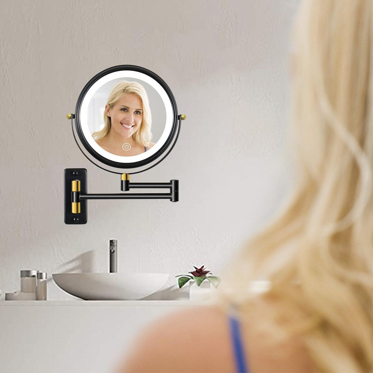 9 Makeup Mirror with Lights, 1x/10x Magnifying Mirror Extendable Arm, Wall Mirror with Ttpe-C Charging Cable - Black Gold