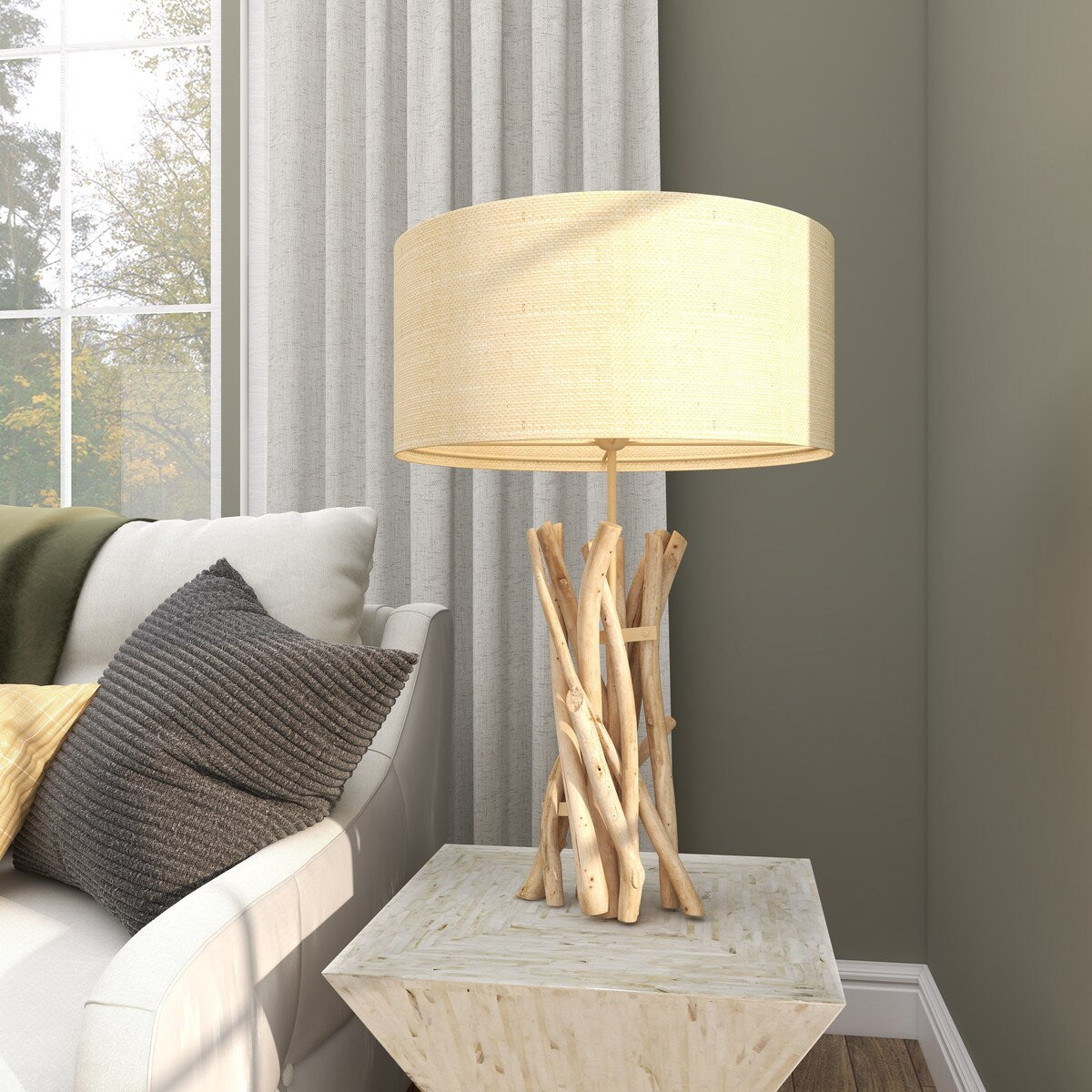 Driftwood Handmade Room Table Lamp with Cream Linen Shade - Light Brown - Roche River Decor