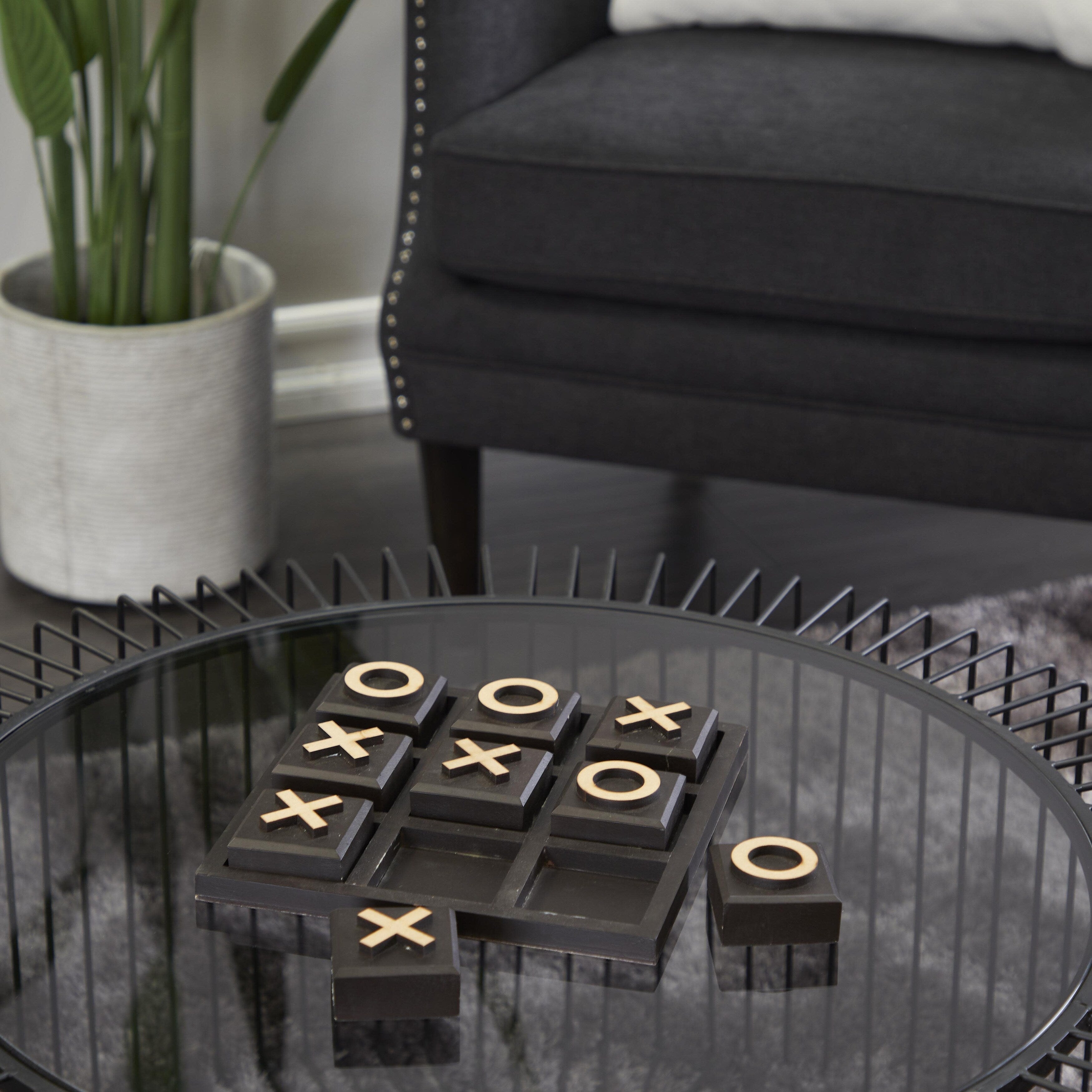 Wooden Tic Tac Toe Block Game Set with Steel or Light Wood Pieces - Black, Dark Brown, Gold - The Novogratz