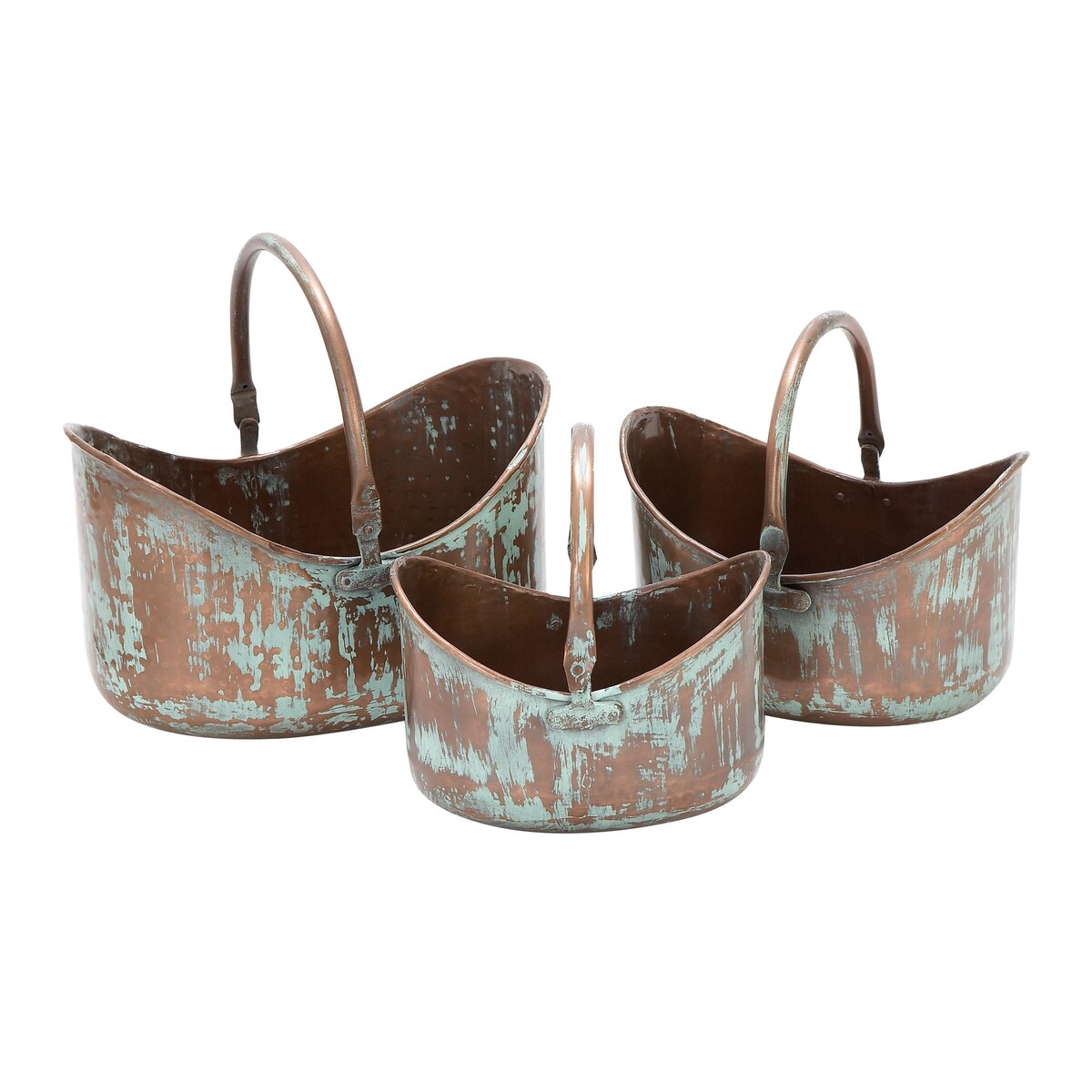 Metal Patina Tulip Style Bucket Indoor Outdoor Planter with Stationary Handles - Set of 3 Copper - Roche River Decor