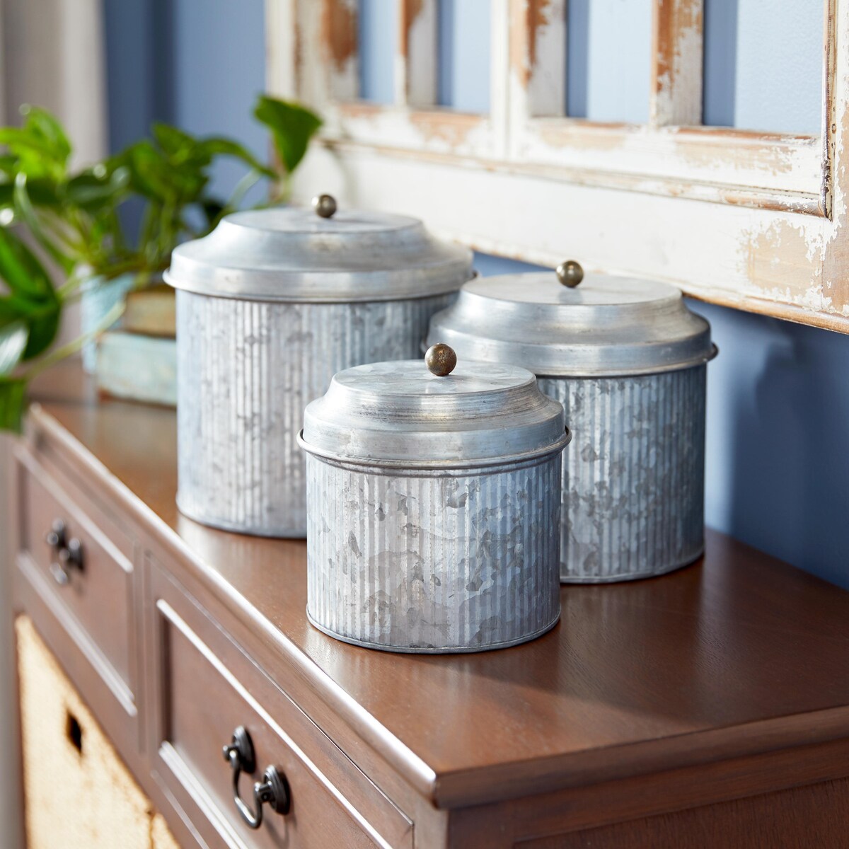 Metal Galvanized Living Room Decorative Jars - Set of 3 Silver - Roche River Decor