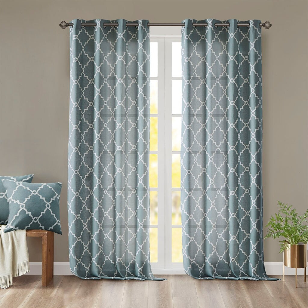 Cotton Blend Curtain Panel Pair, Scroll Geometric Print Grommet Curtain Panel Machine Washable - 63/84/95/108