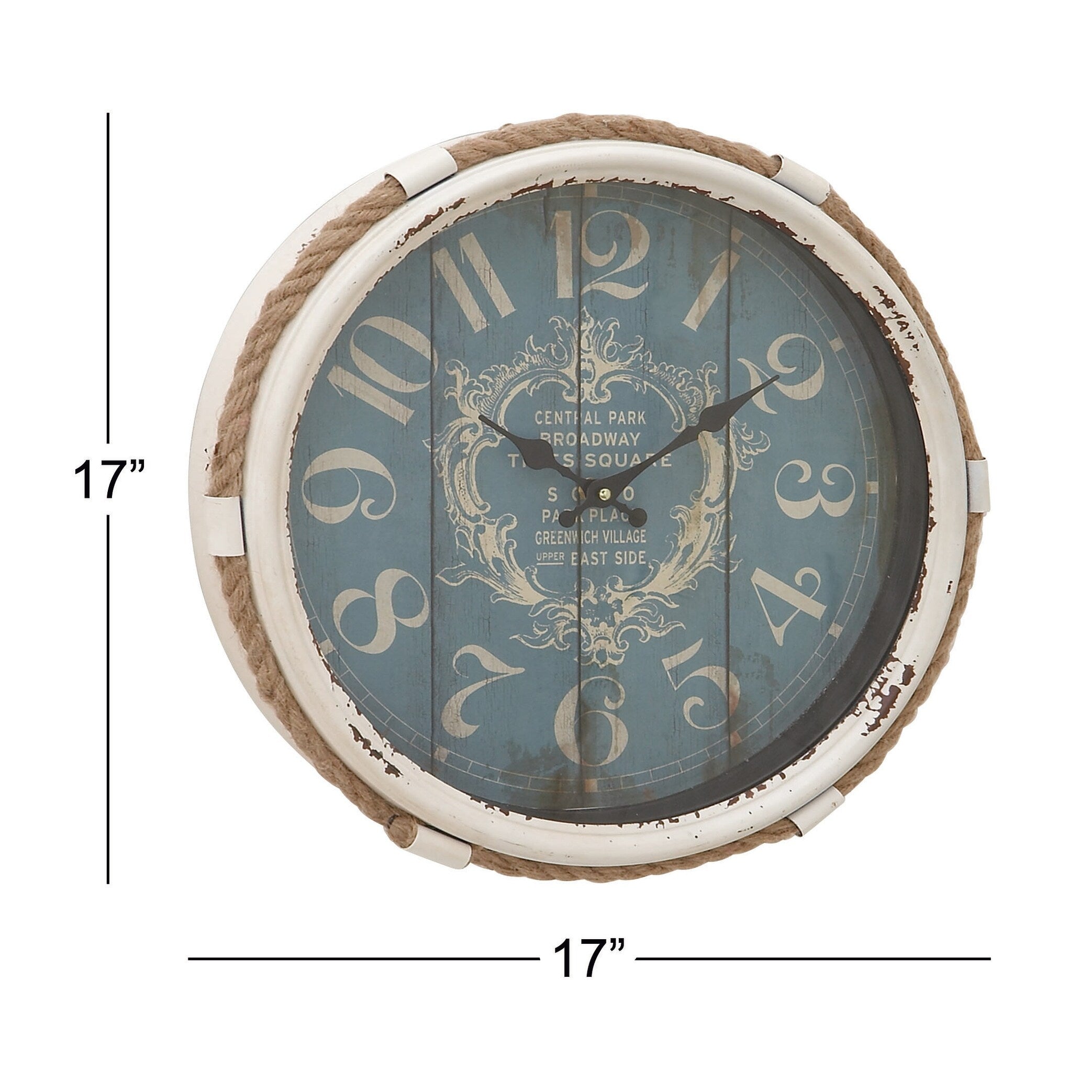 Metal Scroll Decorative Wall Clock with Distressed Frame and Rope Accent - Blue or White - Roche River Decor