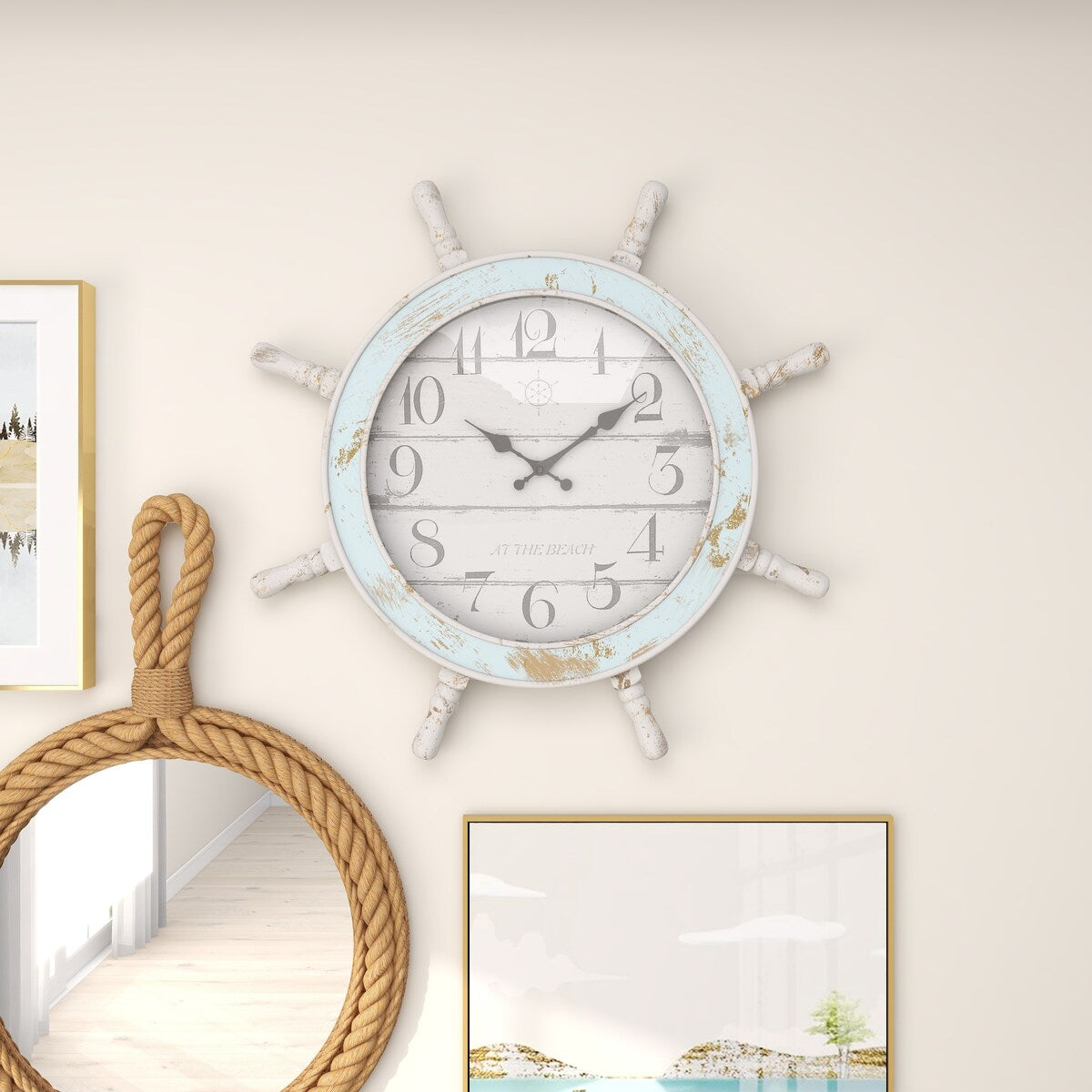 Wood Sail Boat Ship Wheel Decorative Wall Clock - Blue - Roche River Decor