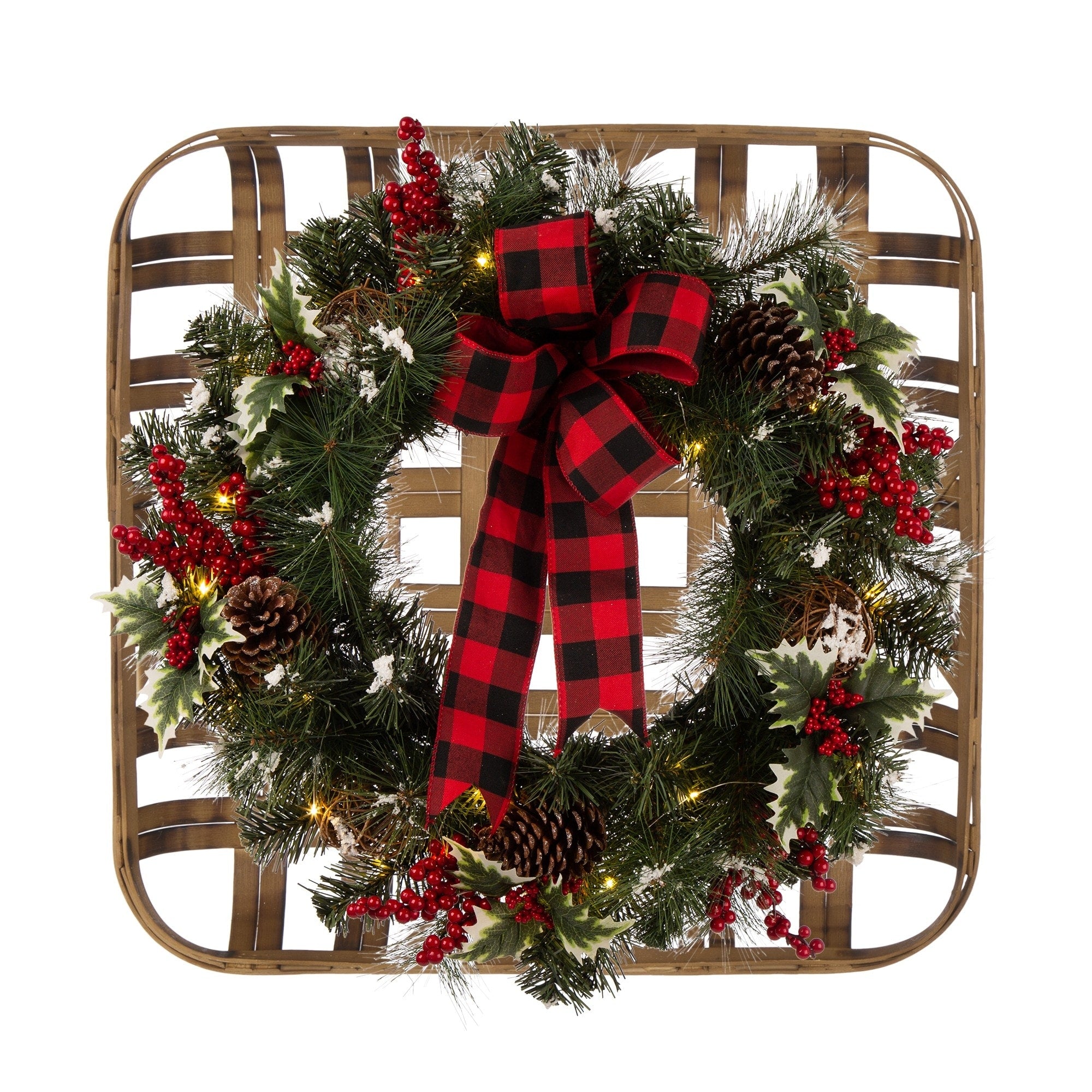 Glitzhome 24 LED Greenery Twig Ball Pinecone Holly Pine Wreath with Timer