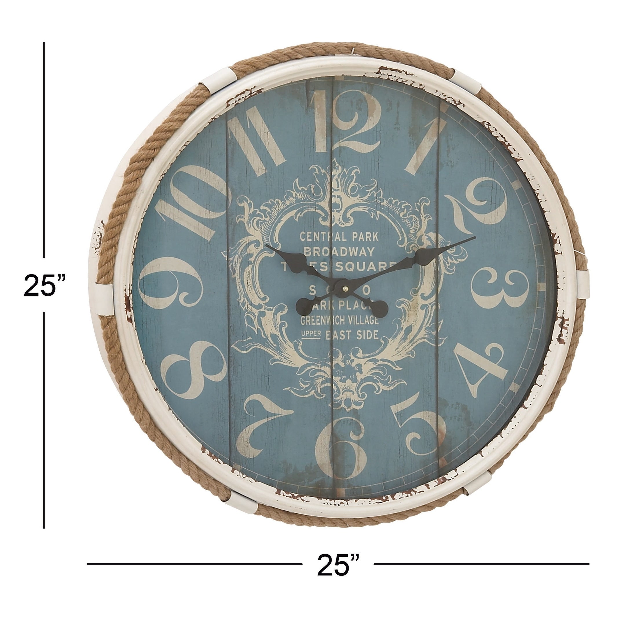 Metal Scroll Decorative Wall Clock with Distressed Frame and Rope Accent - Blue or White - Roche River Decor