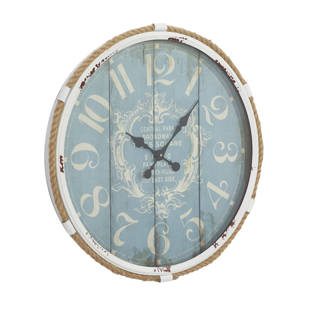 Metal Scroll Decorative Wall Clock with Distressed Frame and Rope Accent - Blue or White - Roche River Decor