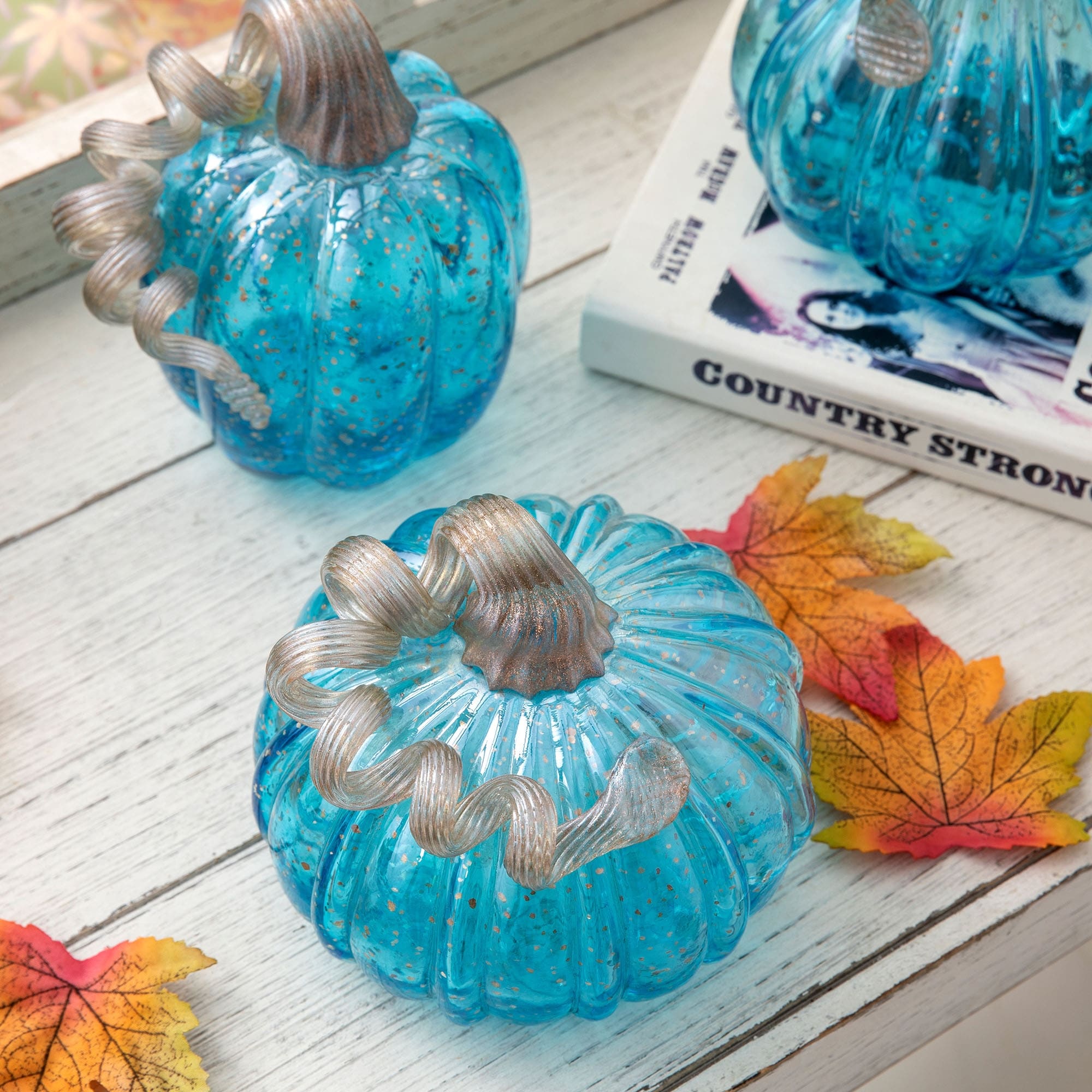 Glitzhome S/2 or S/3 Handblown Glass Pumpkins Thanksgiving Table Centerpiece Fall Harvest Gift Decor