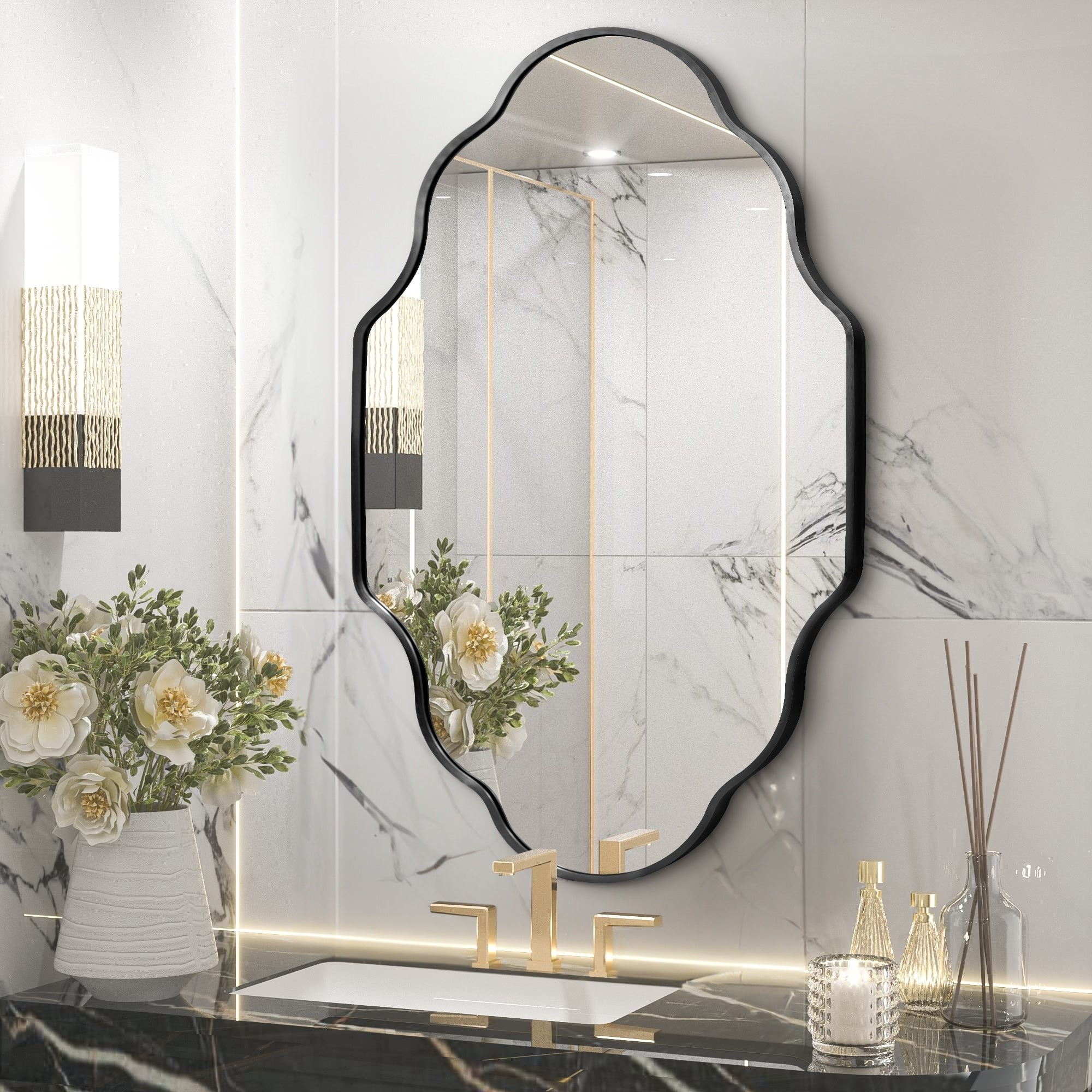 Irregular Aluminum Alloy Framed Wall Mirror Scalloped Wavy Bathroom Mirror