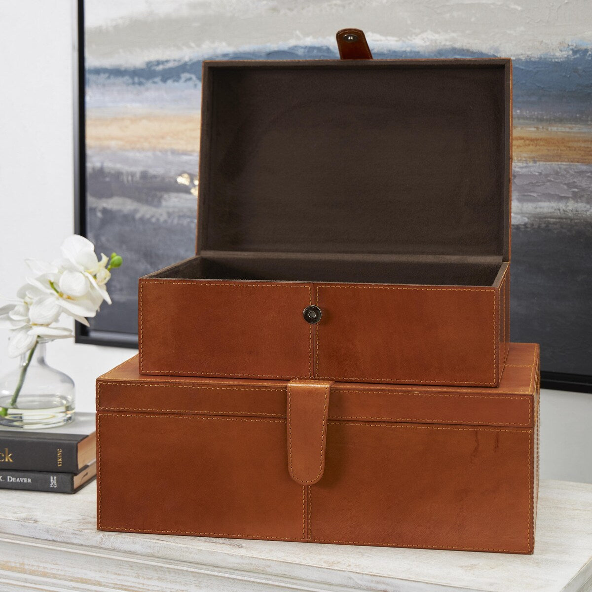 Leather Handmade Decorative Box with Hinged Lid - Set of 2 Gray, Brown or Dark Brown - Roche River Decor