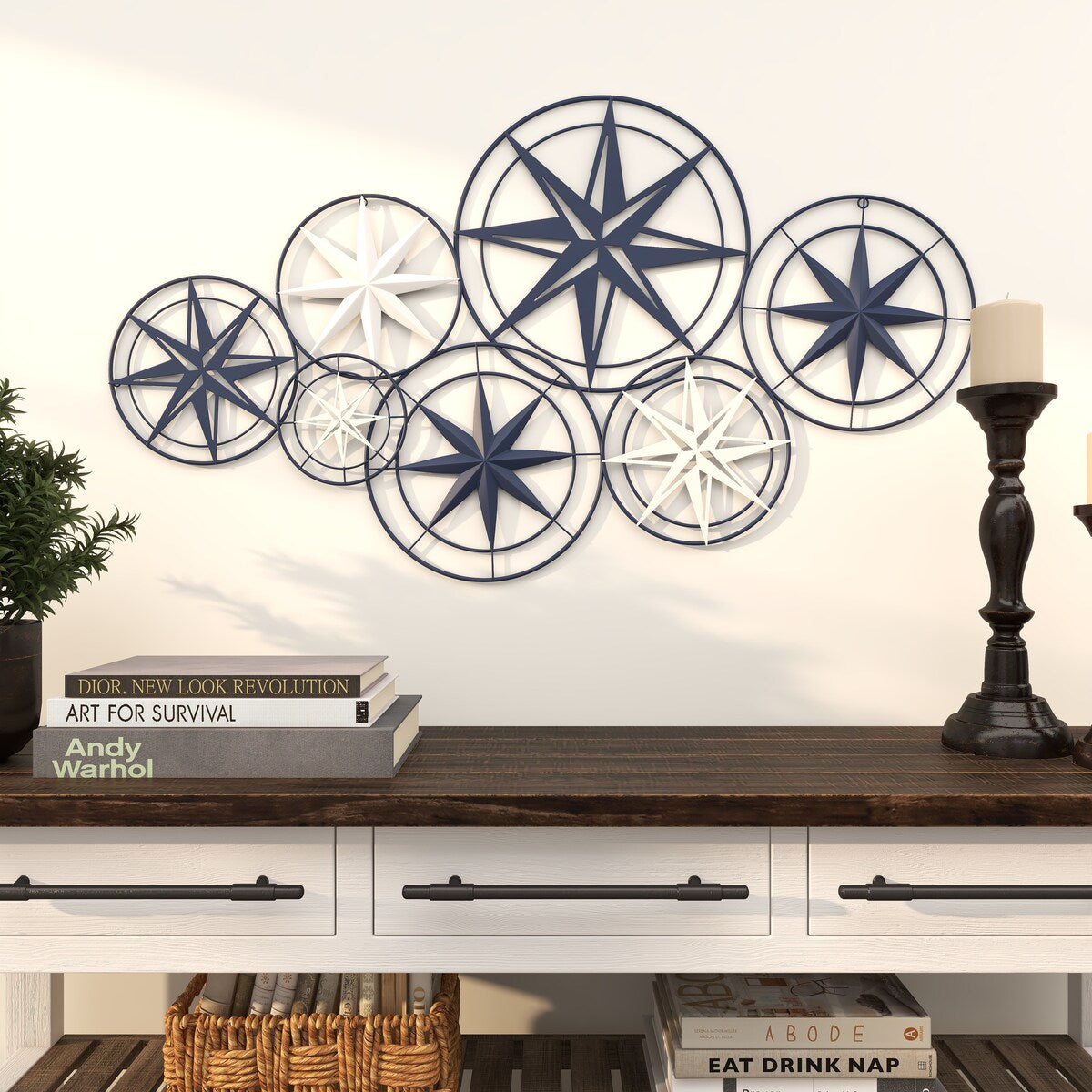 Metal Star Indoor Outdoor Cutout Compass Home Wall Decor with Overlapping Circular Frames - Blue - Roche River Decor