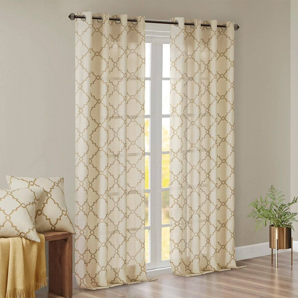 Cotton Blend Curtain Panel Pair, Scroll Geometric Print Grommet Curtain Panel Machine Washable - 63/84/95/108