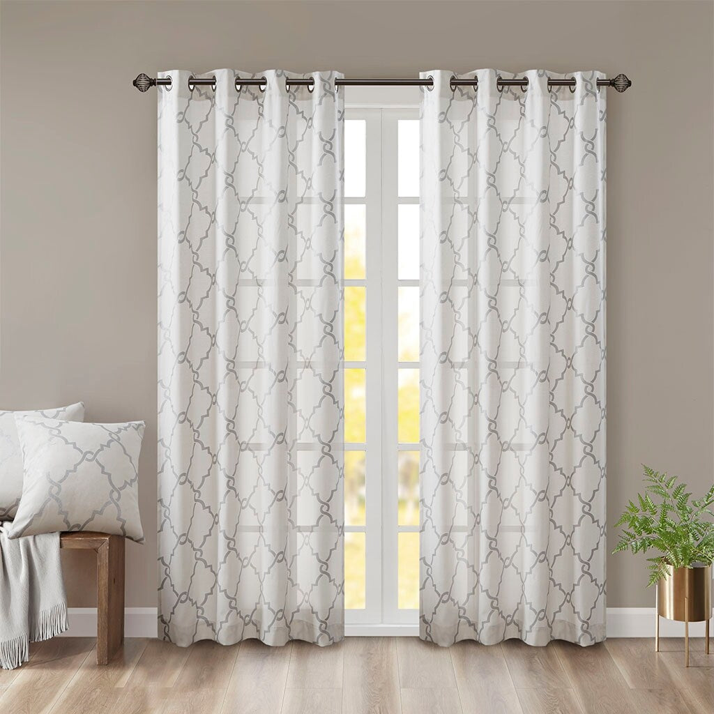 Cotton Blend Curtain Panel Pair, Scroll Geometric Print Grommet Curtain Panel Machine Washable - 63/84/95/108