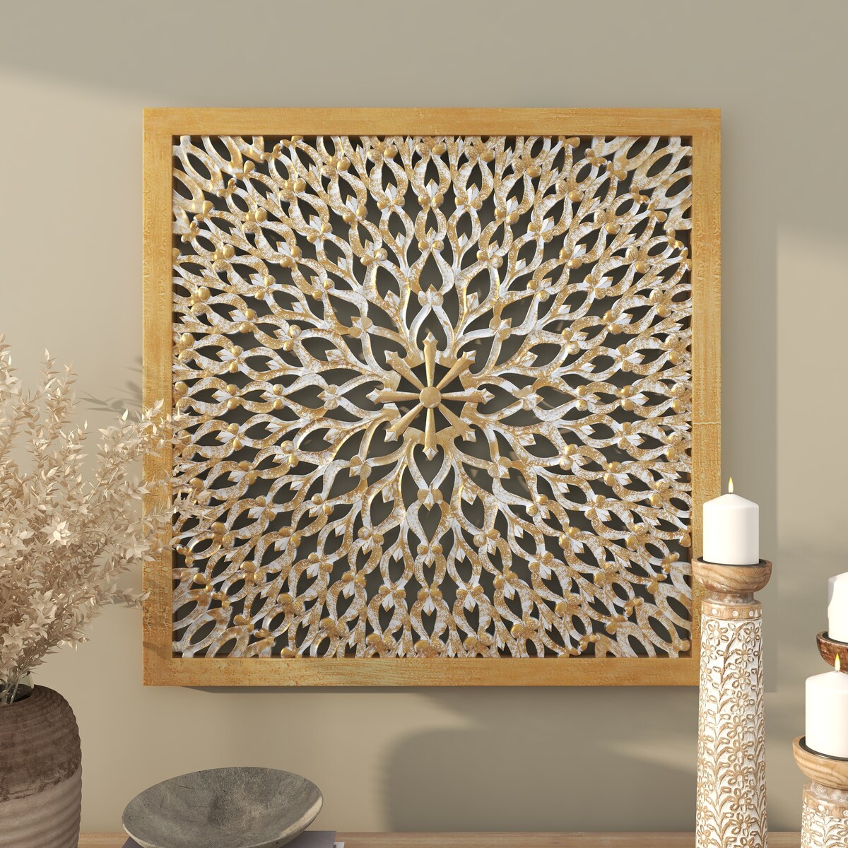 Wood Floral Handmade Intricately Carved Home Wall Decor with Mandala Design - Light Brown - Roche River Decor