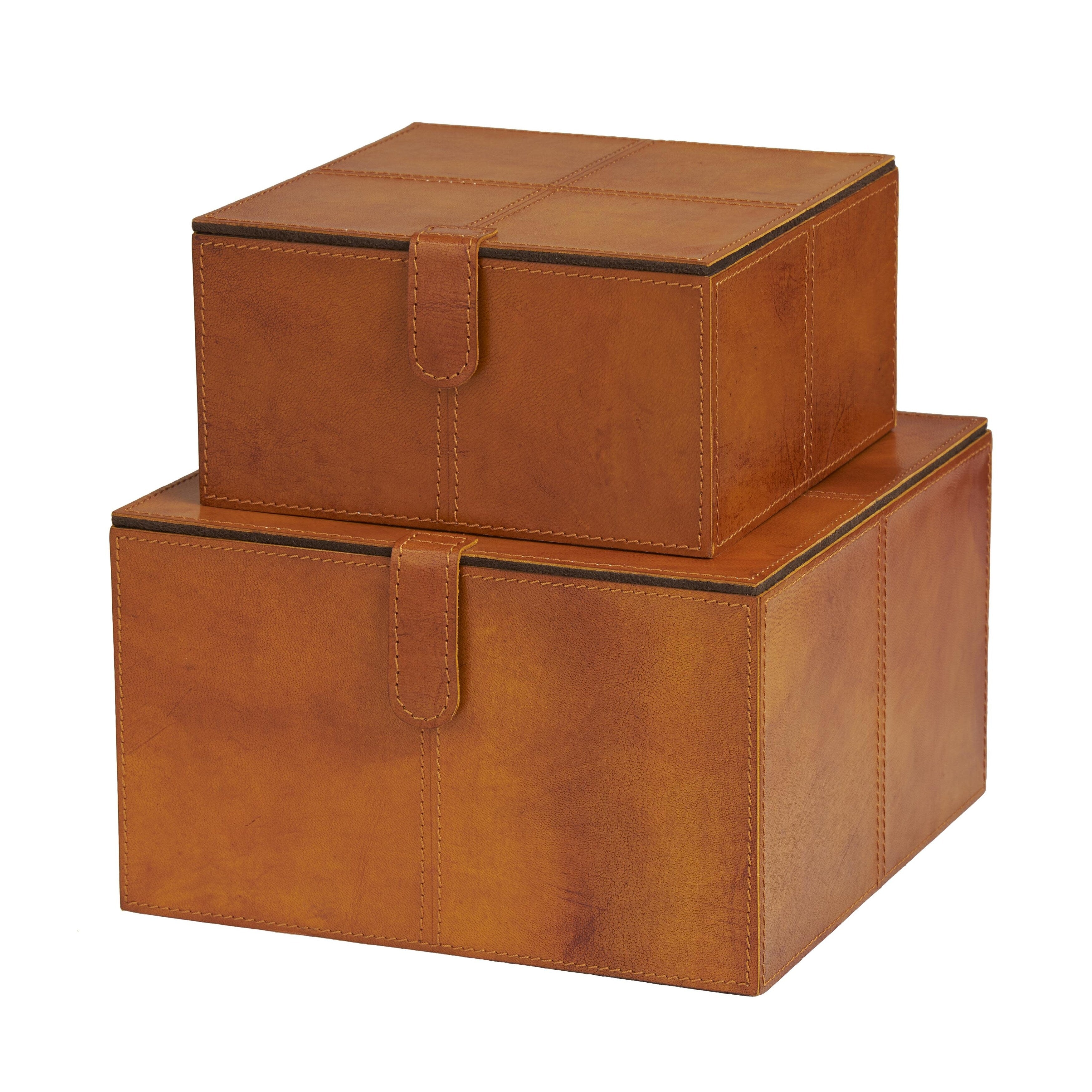 Leather Handmade Decorative Box with Hinged Lid - Set of 2 Gray, Brown or Dark Brown - Roche River Decor