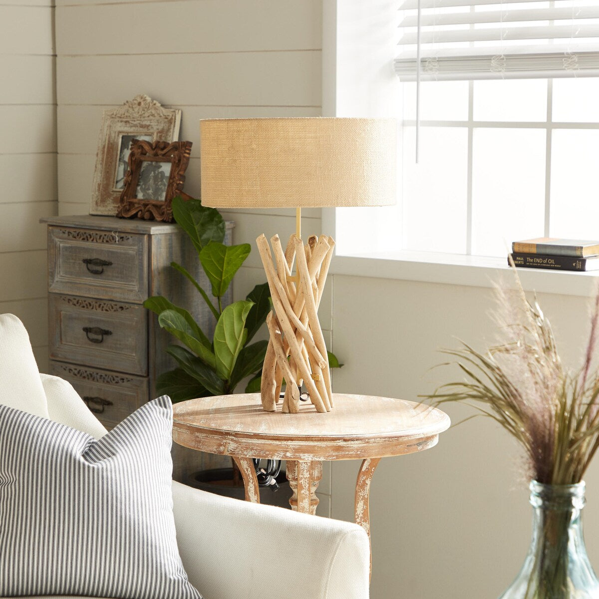 Driftwood Handmade Room Table Lamp with Cream Linen Shade - Light Brown - Roche River Decor