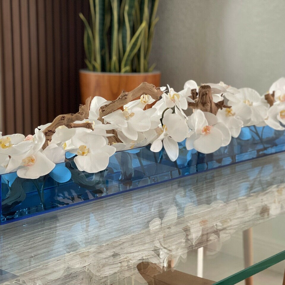 Blue Acrylic Casa Moderna Planter with White Orchids and Driftwood