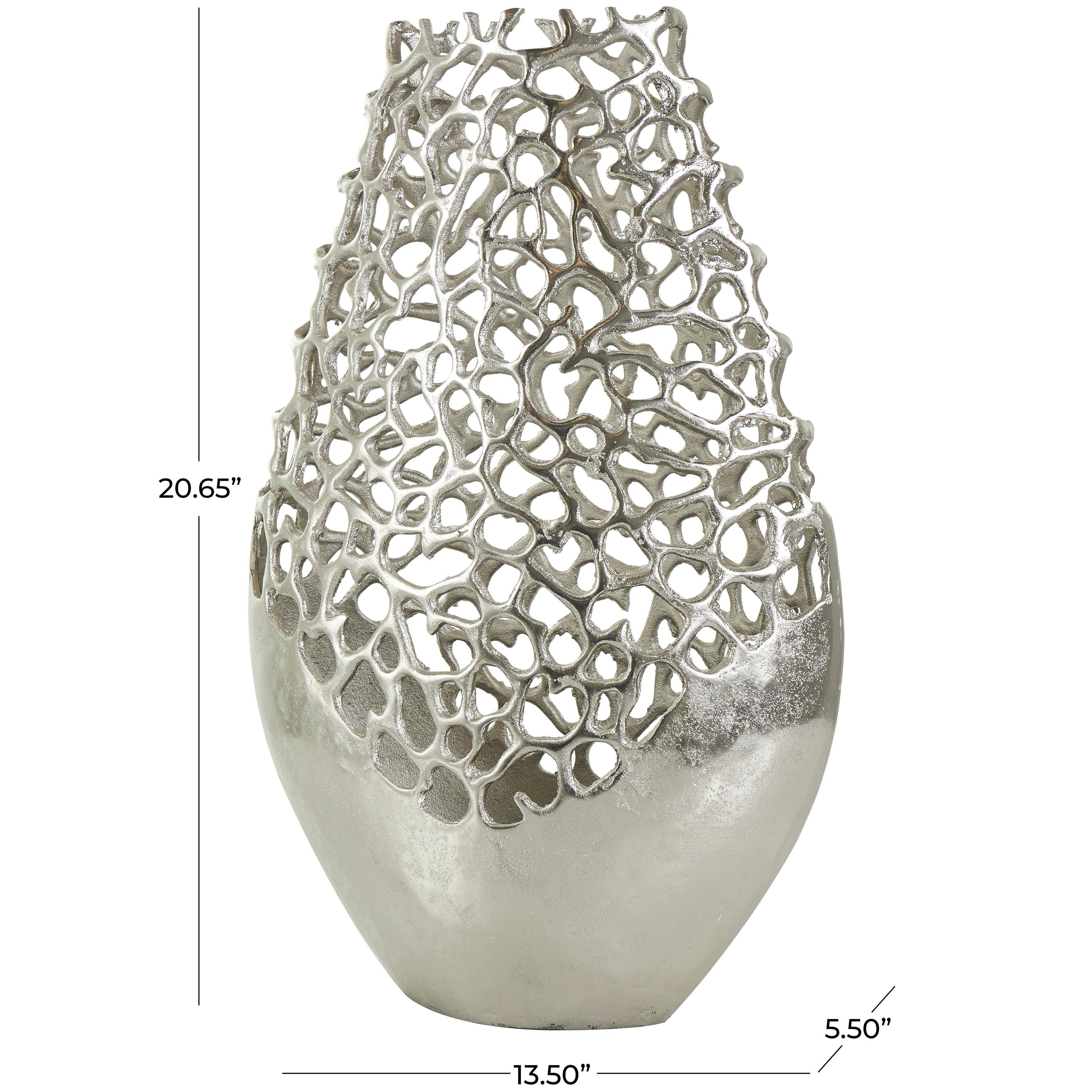 Aluminum Metal Rounded Decorative Vase with Freeform Open Lattice Work - Silver or Gold - Roche River Decor