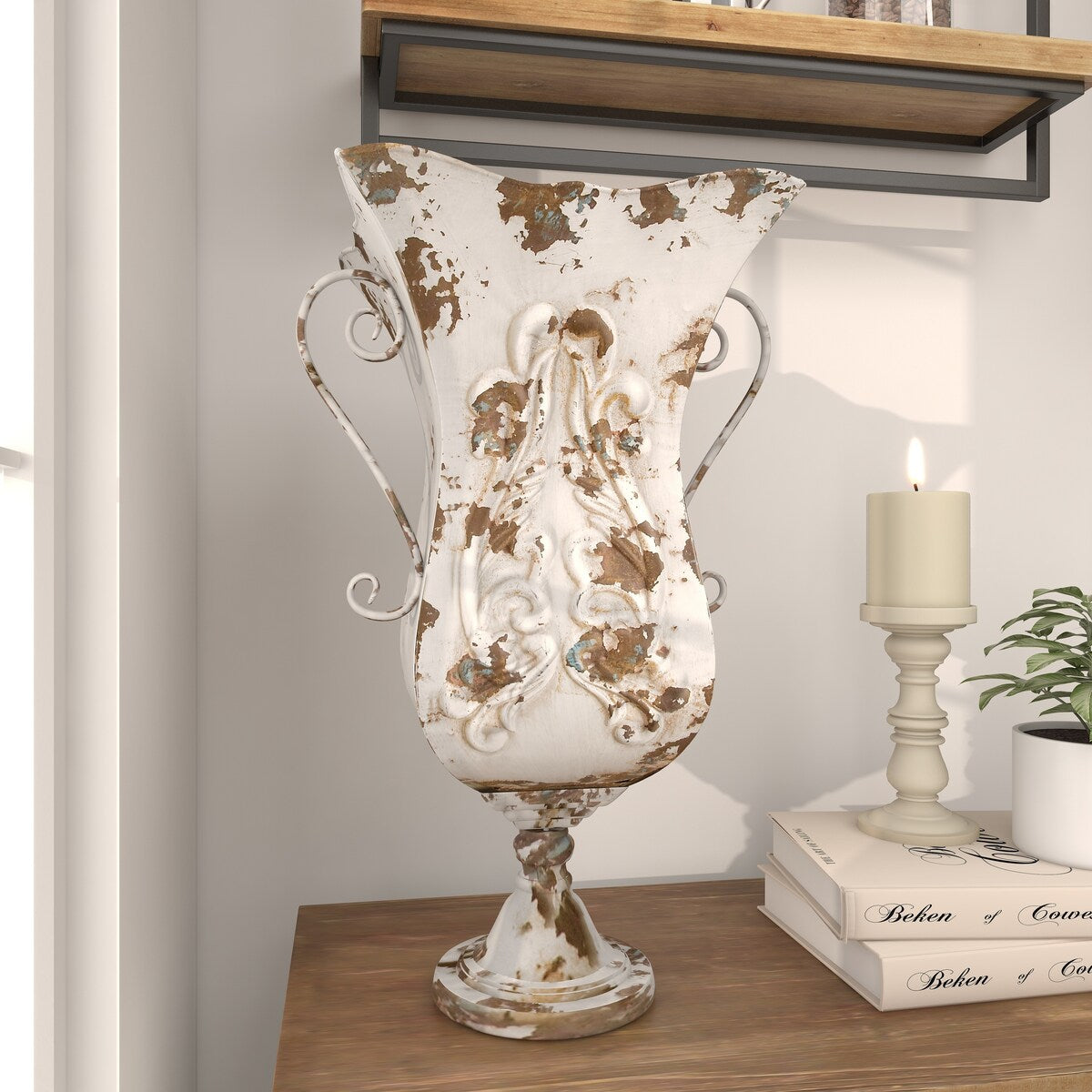 Metal Distressed Decorative Vase - White or Beige - Roche River Decor