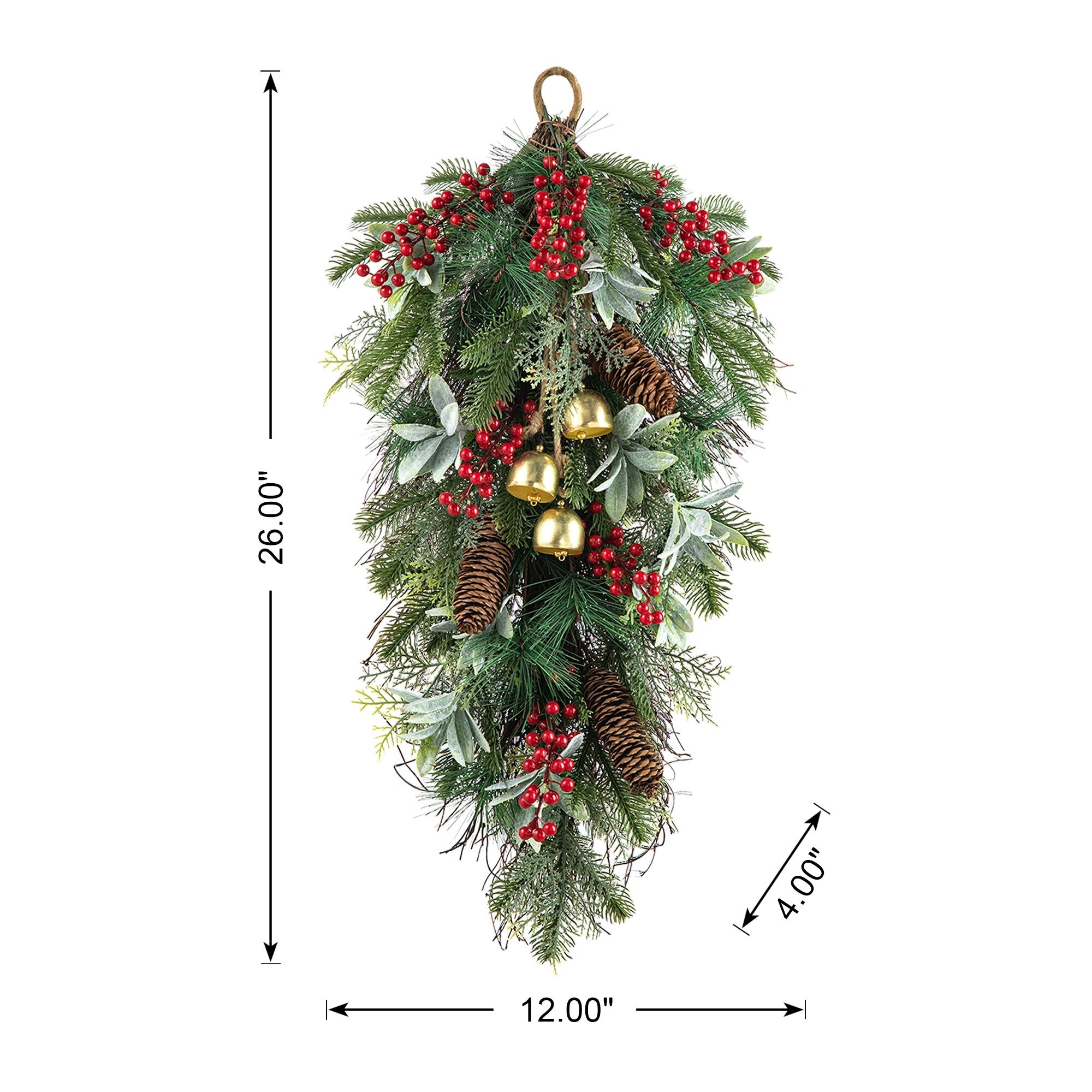 Glitzhome Christmas Berry Pinecone & Bell Teardrop Wreath Door Hanging Decor