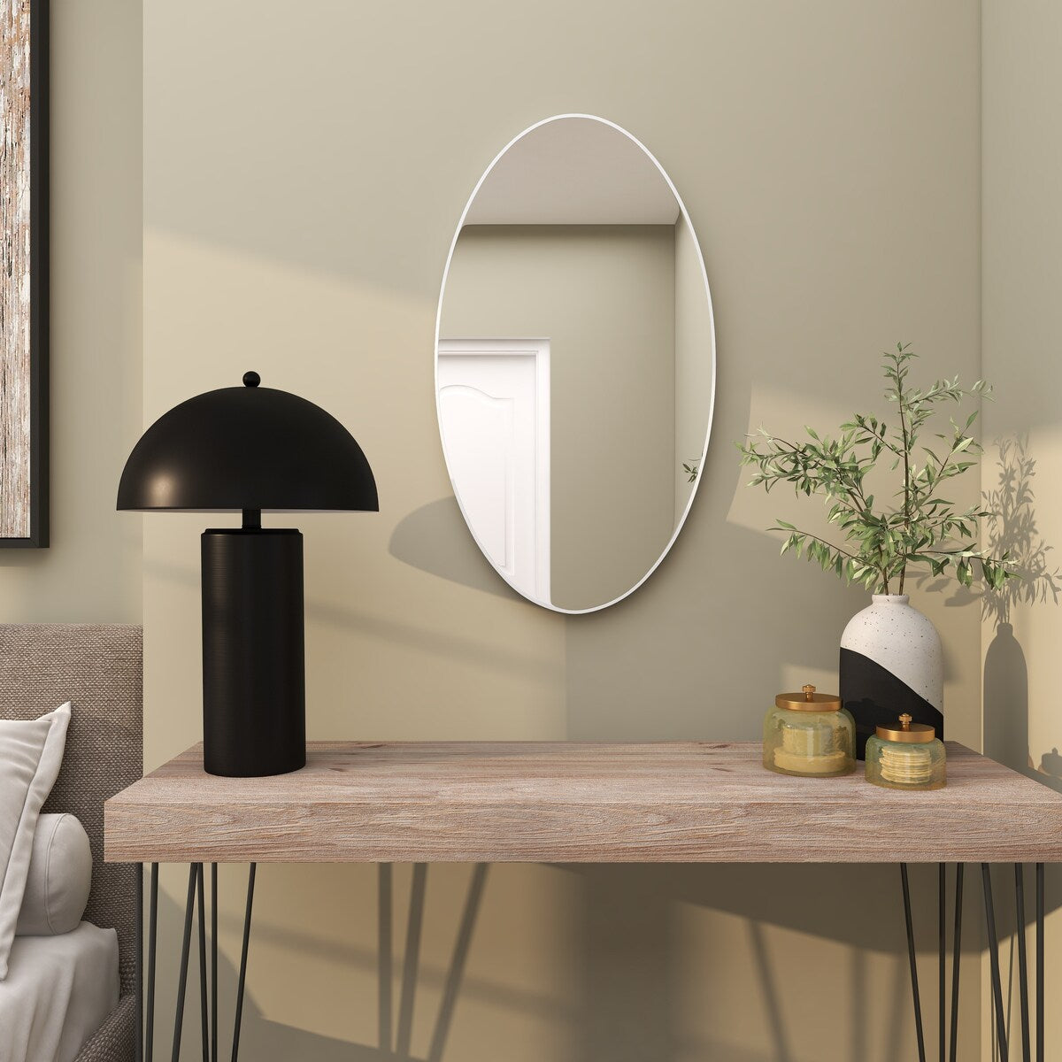 Wood Oval Room Wall Mirror with Thin Minimalistic Frame - Black, Gold or White - Roche River Decor