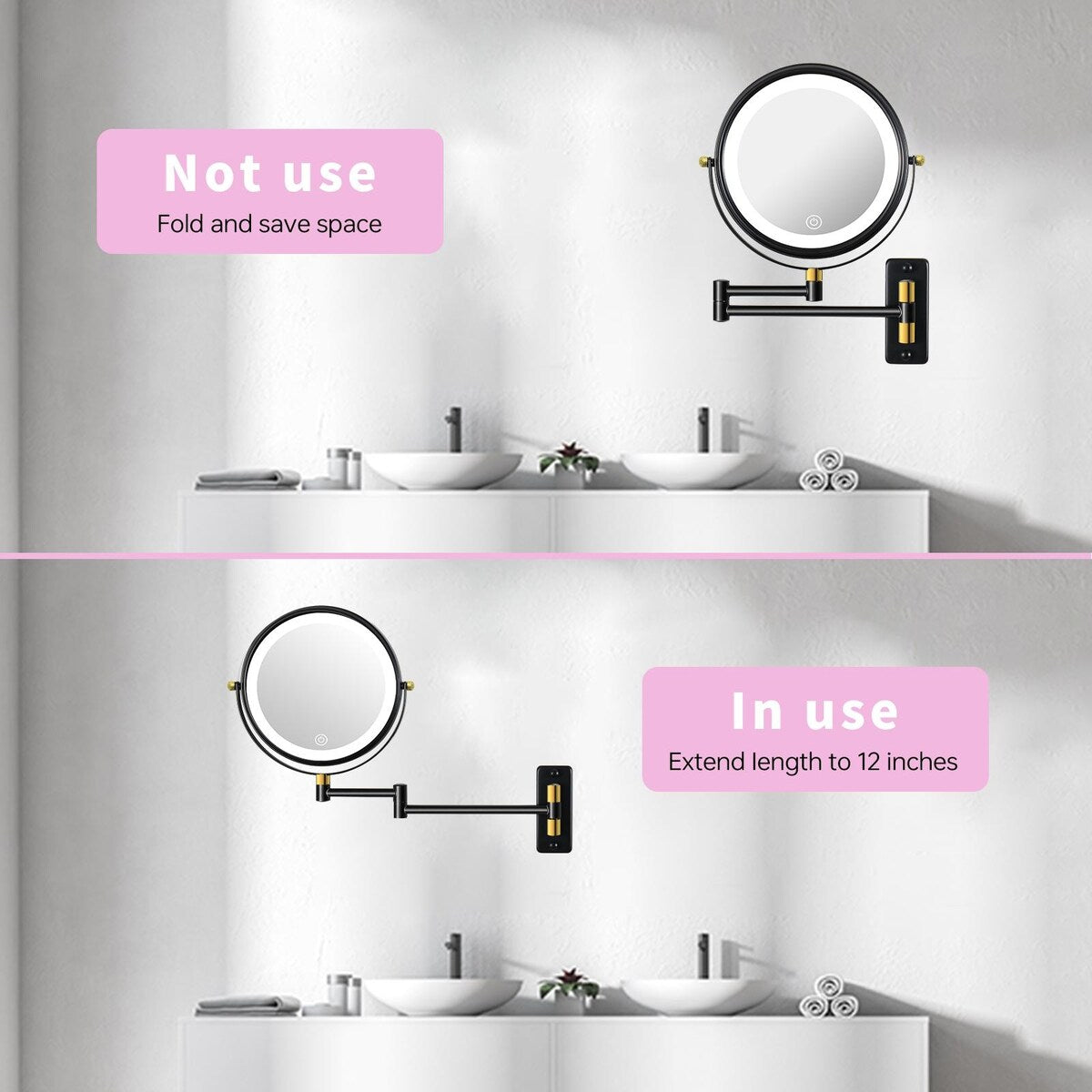 9 Makeup Mirror with Lights, 1x/10x Magnifying Mirror Extendable Arm, Wall Mirror with Ttpe-C Charging Cable - Black Gold