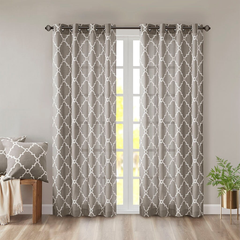 Cotton Blend Curtain Panel Pair, Scroll Geometric Print Grommet Curtain Panel Machine Washable - 63/84/95/108