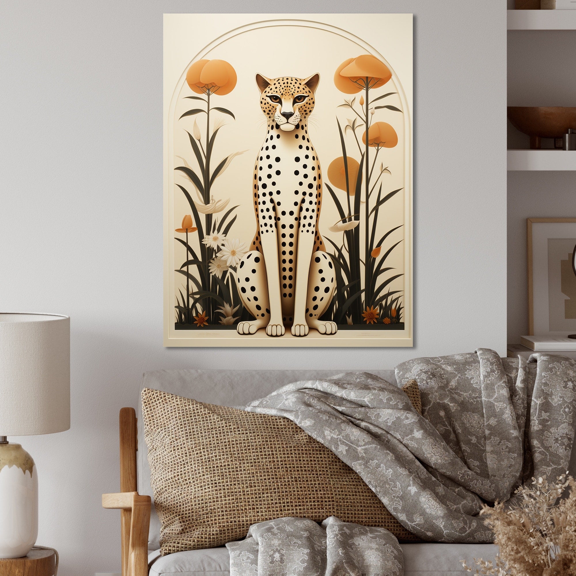 Designart Beige And Green Mid Century Cheetah Meadow Leopard/Cheetah Animal Beige Metal Art - Modern Metal Art Work