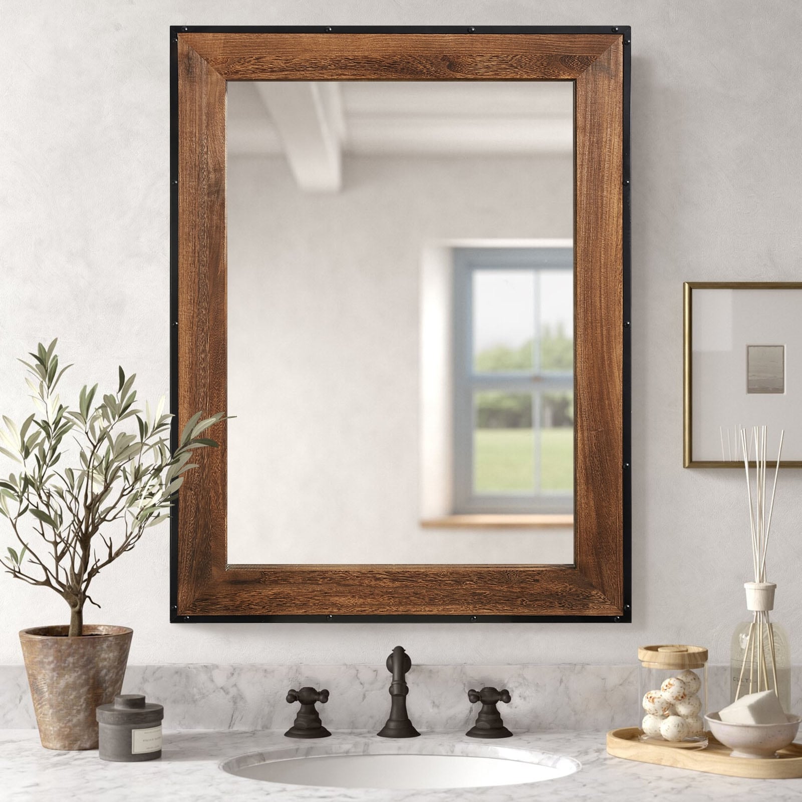 Rustic Natural Wood and Iron Framed Wall Vanity Mirror