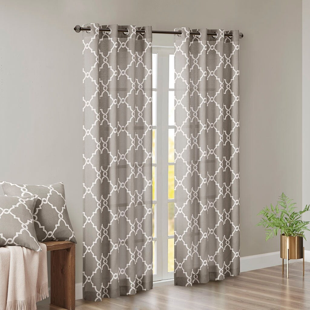 Cotton Blend Curtain Panel Pair, Scroll Geometric Print Grommet Curtain Panel Machine Washable - 63/84/95/108