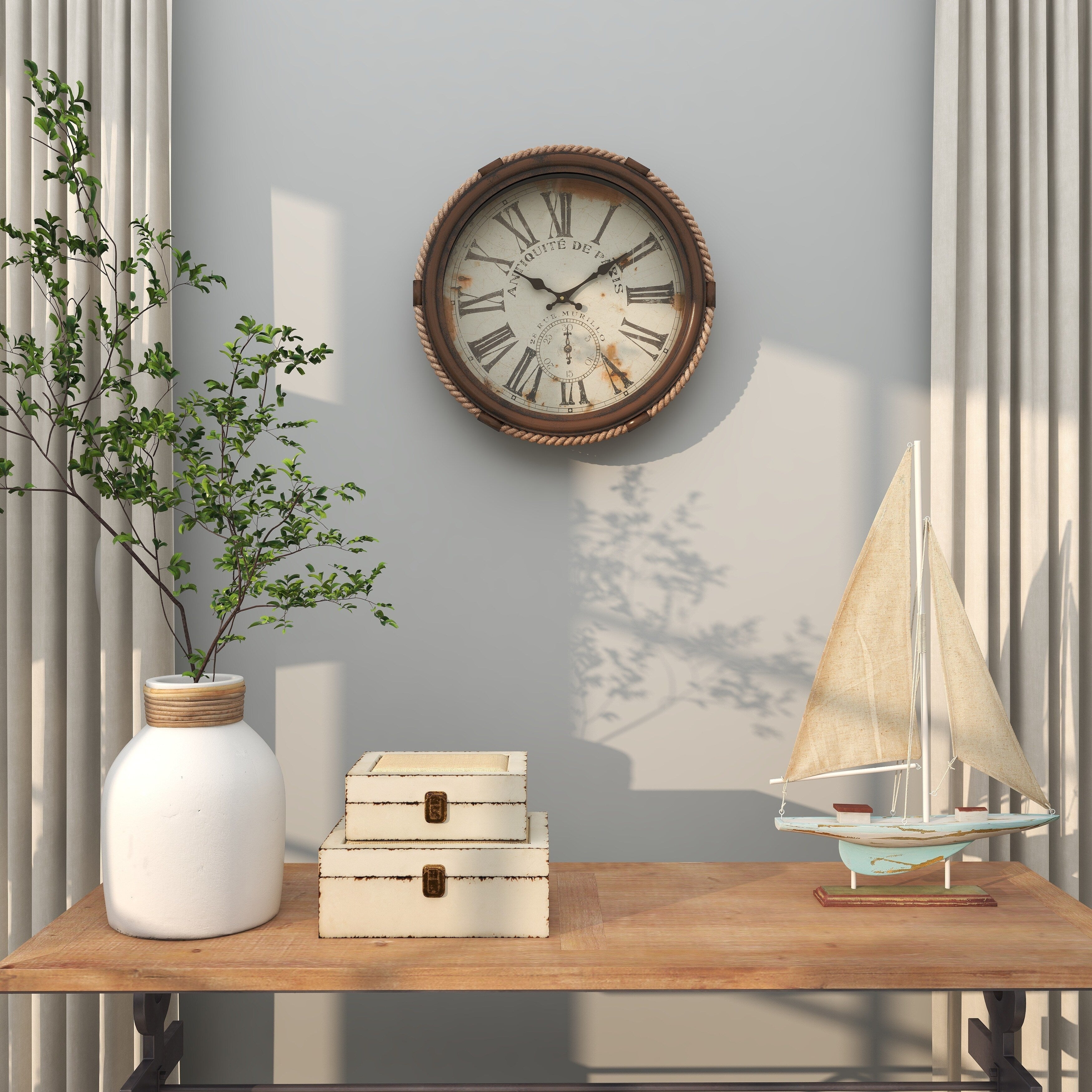 Metal Scroll Decorative Wall Clock with Distressed Frame and Rope Accent - Blue or White - Roche River Decor