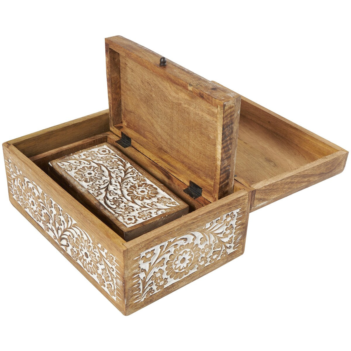 Mango Wood Floral Handmade Decorative Box with Hinged Lid - Set of 3 Brown or White - Roche River Decor