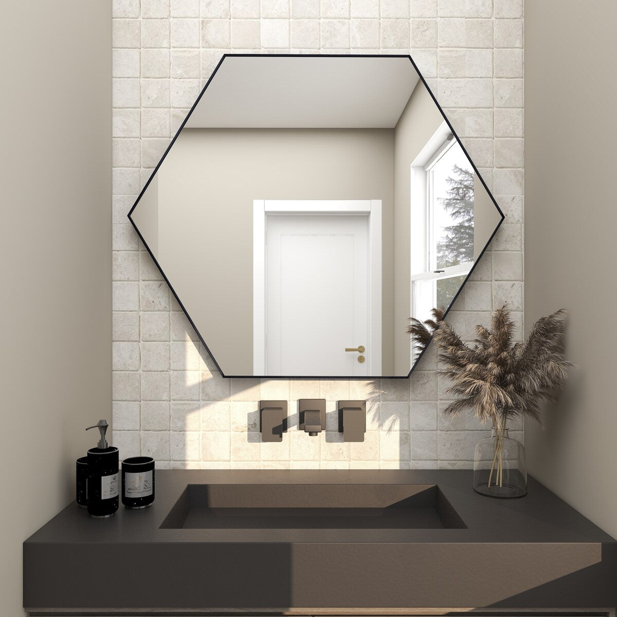 Wooden Hexagon Room Wall Mirror with Thin Minimalistic Frame - Black or Gold - CosmoLiving by Cosmopolitan