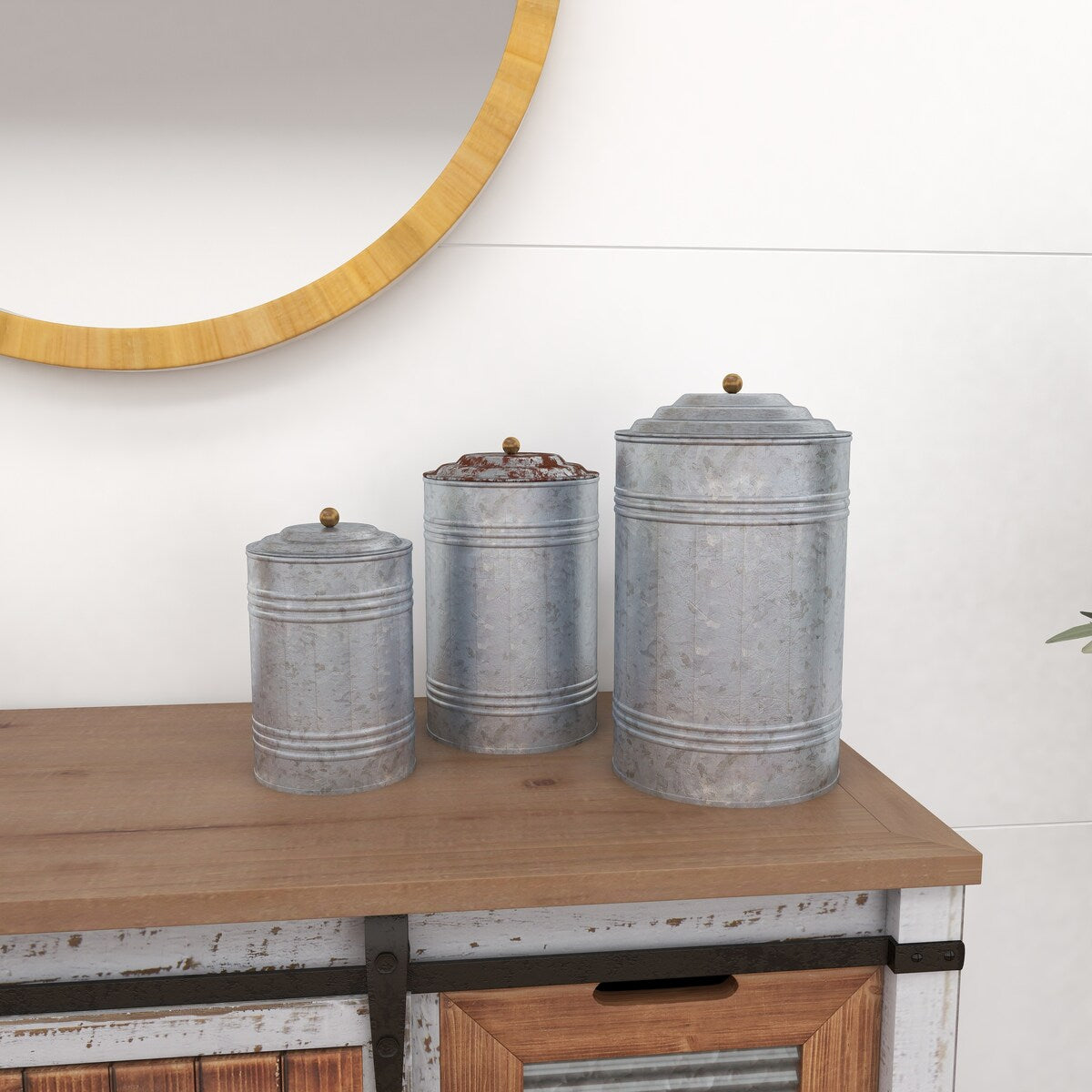 Metal Galvanized Ribbed Living Room Decorative Jars with Gold Ball Knobs - Set of 3 Gray - Roche River Decor