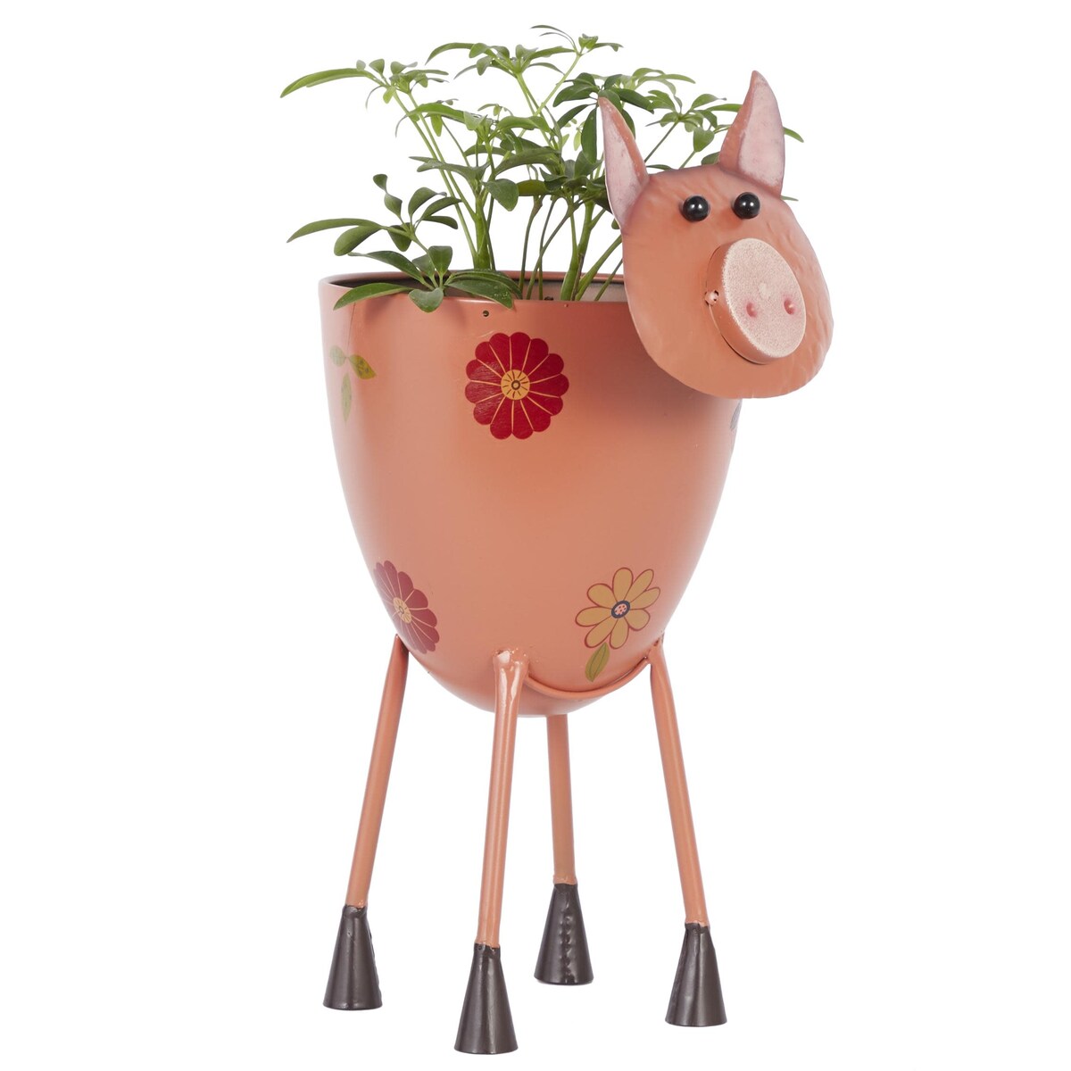 Metal Pig Indoor Outdoor Planter with Floral Accents - Pink - Roche River Decor