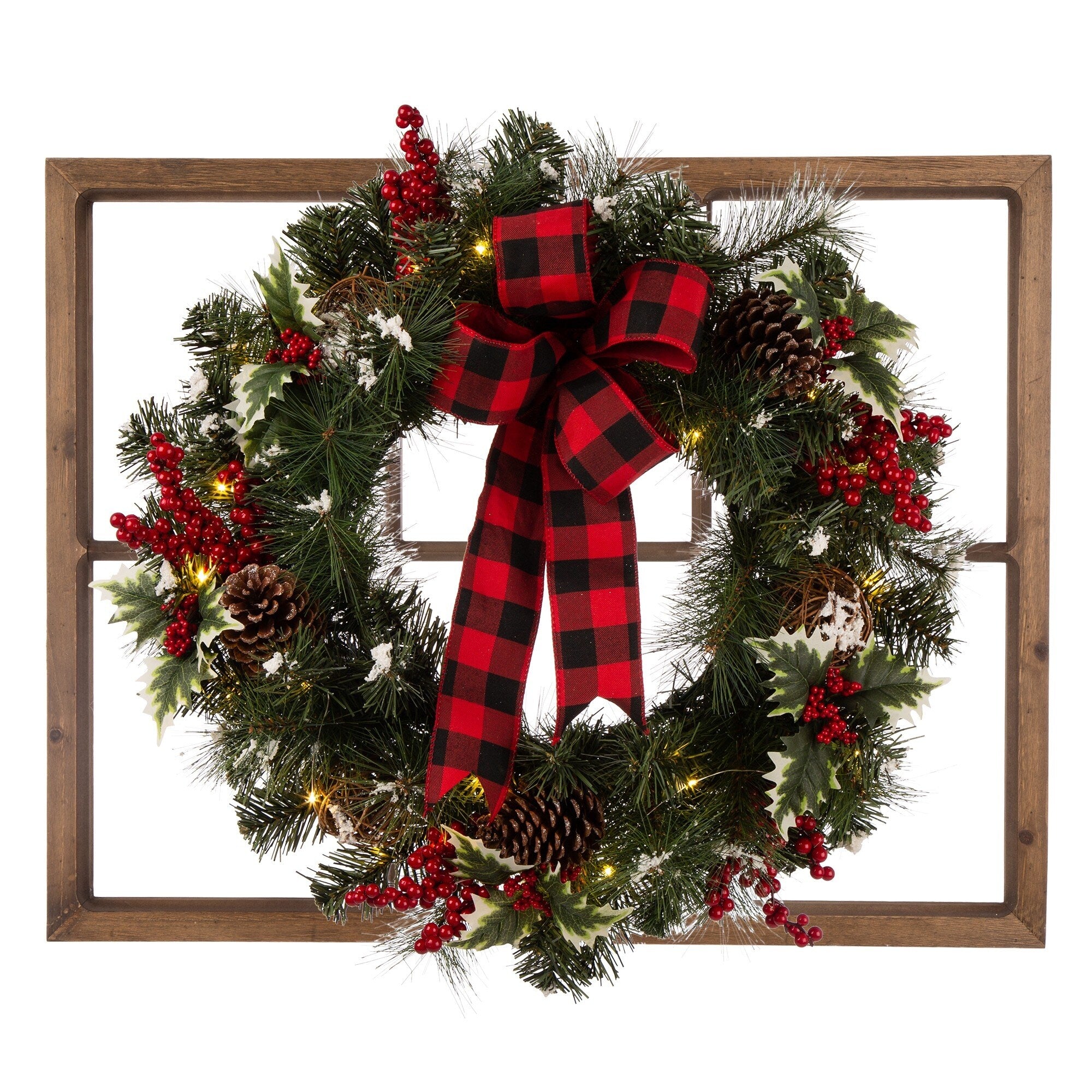 Glitzhome 24 LED Greenery Twig Ball Pinecone Holly Pine Wreath with Timer