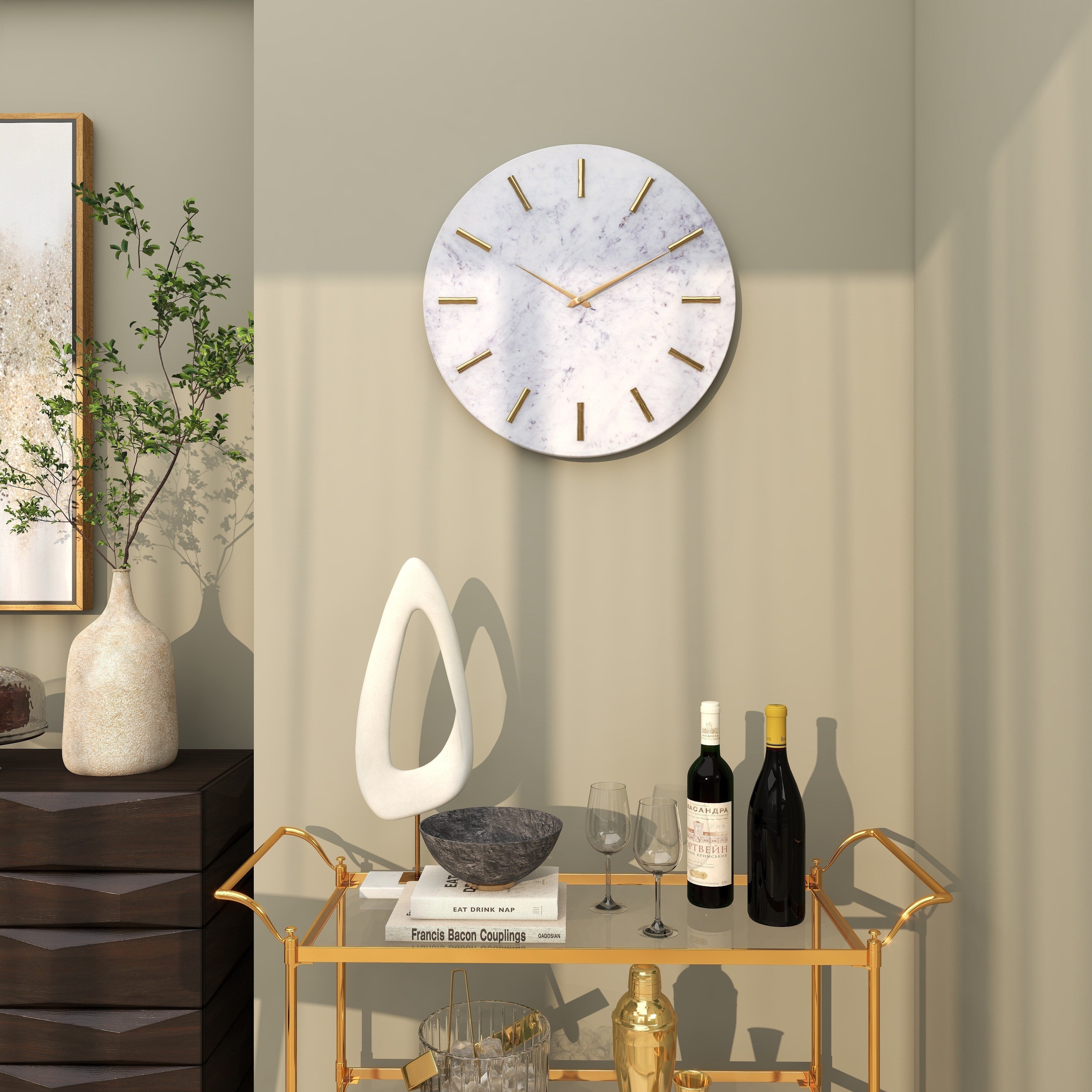 Marble Decorative Wall Clock with Gold Metal Accents - White - CosmoLiving by Cosmopolitan