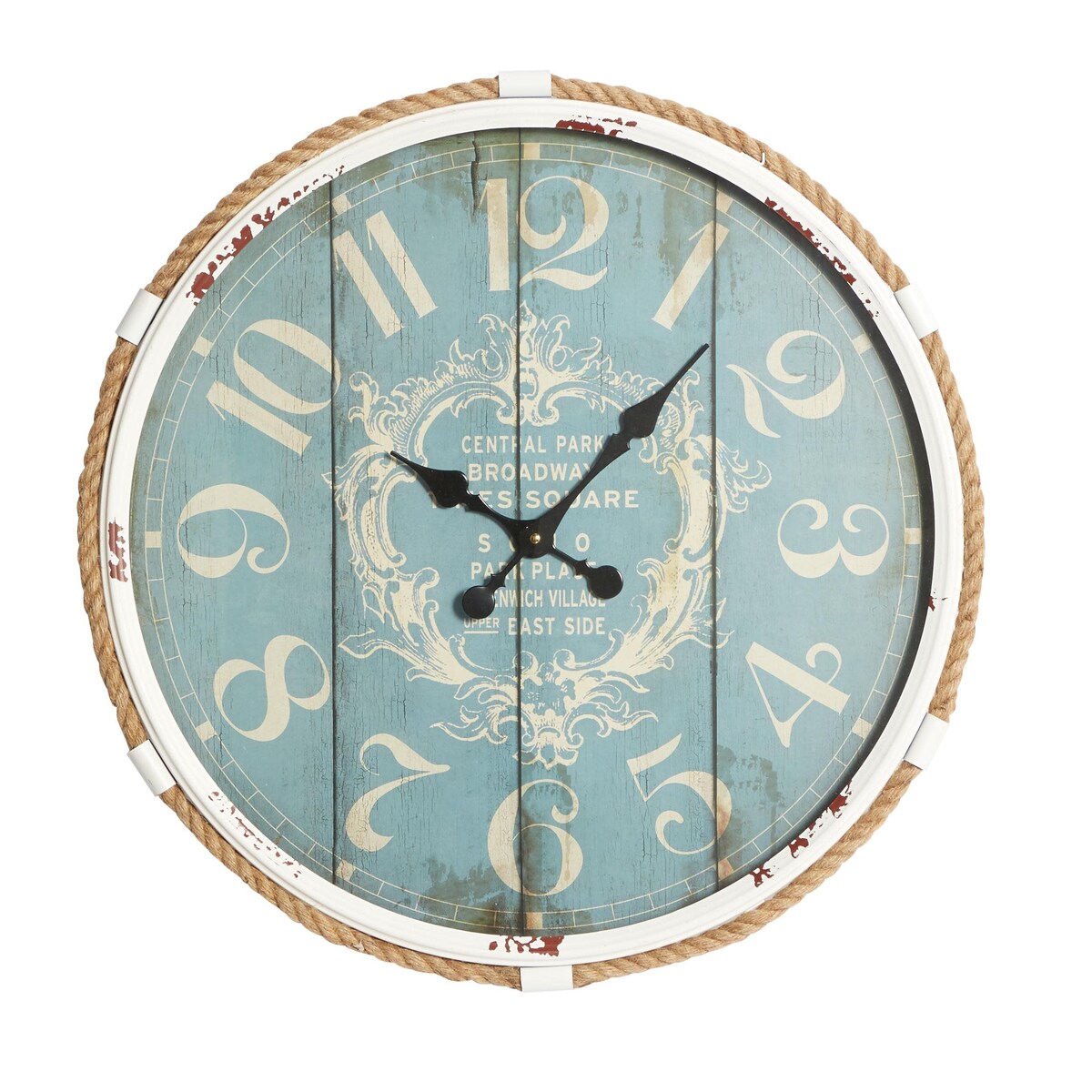 Metal Scroll Decorative Wall Clock with Distressed Frame and Rope Accent - Blue or White - Roche River Decor