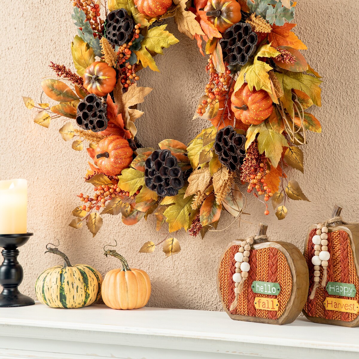 Glitzhome 24D Fall Pumpkin Sunflower Lotus Floral & Wreath for Thanksgiving