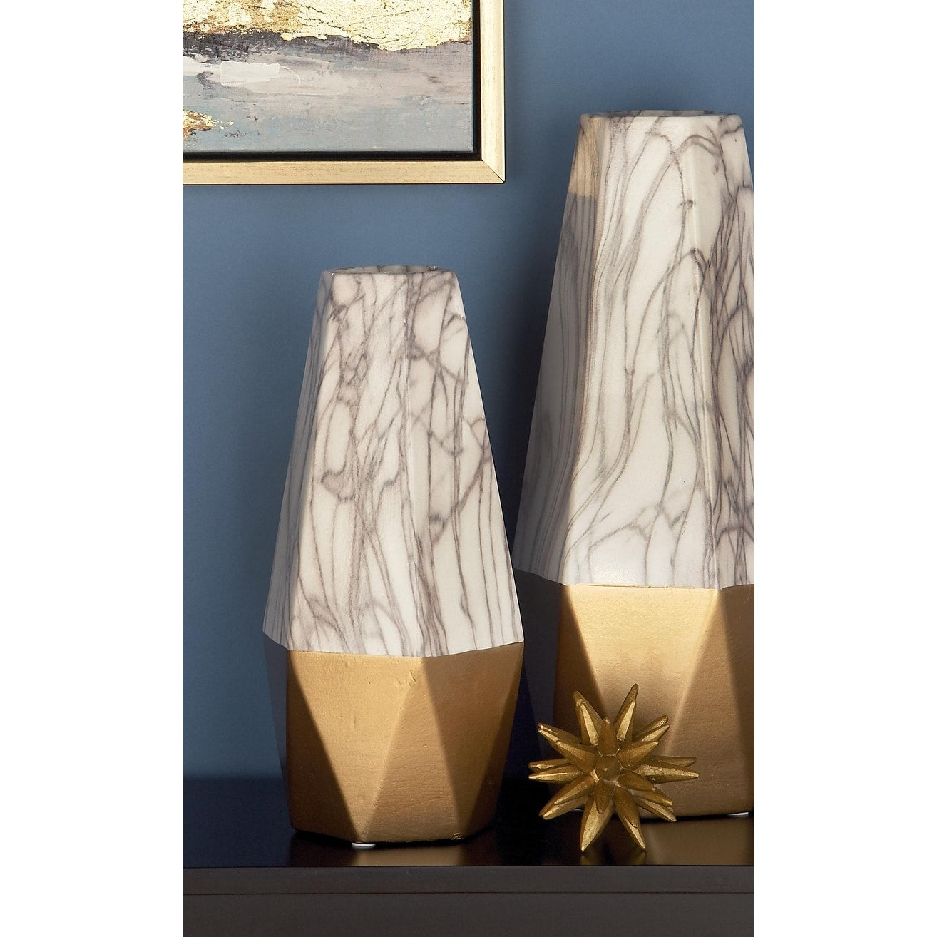 Ceramic Faux Marble Decorative Vase with Silver or Gold Base - Gray, Dark Gray or Gold - Roche River Decor