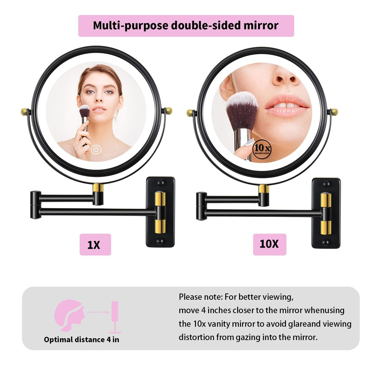 9 Makeup Mirror with Lights, 1x/10x Magnifying Mirror Extendable Arm, Wall Mirror with Ttpe-C Charging Cable - Black Gold