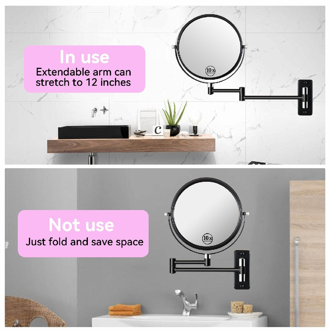 360° Swivel Wall Mounted Makeup Vanity Mirror with Extension Arm, 1X / 10X Magnification Mirror, 8-inch Makeup Mirror