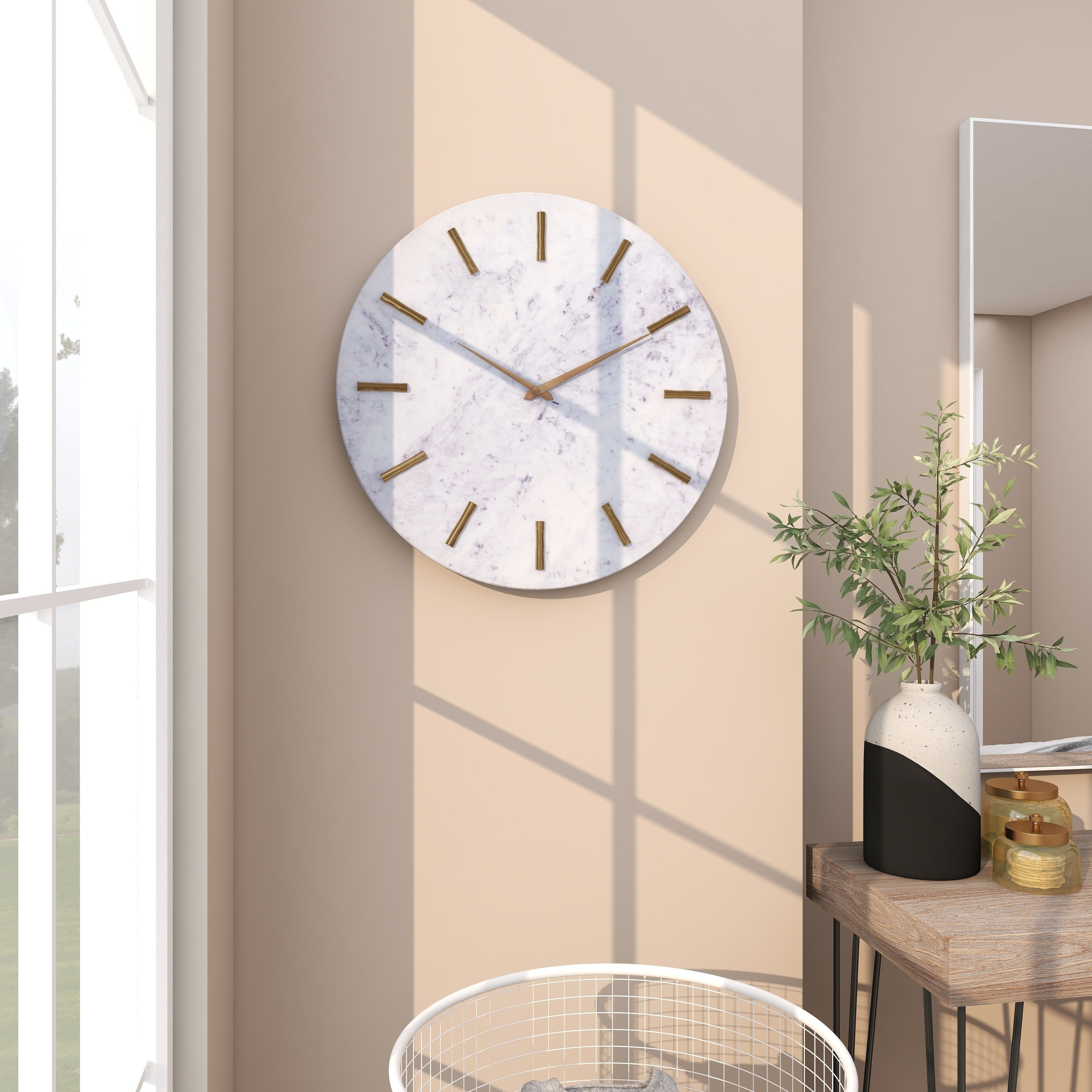 Marble Decorative Wall Clock with Gold Metal Accents - White - CosmoLiving by Cosmopolitan