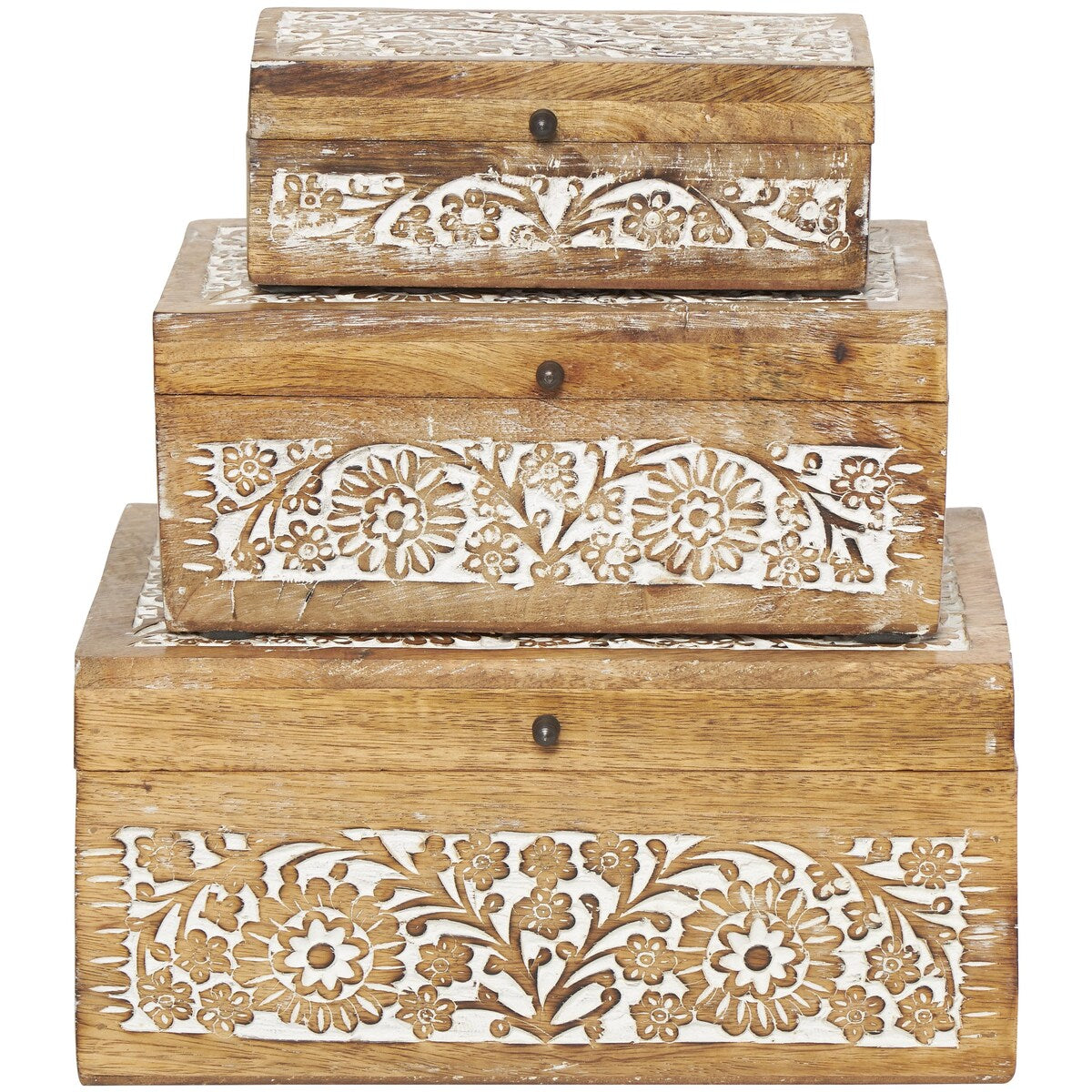 Mango Wood Floral Handmade Decorative Box with Hinged Lid - Set of 3 Brown or White - Roche River Decor