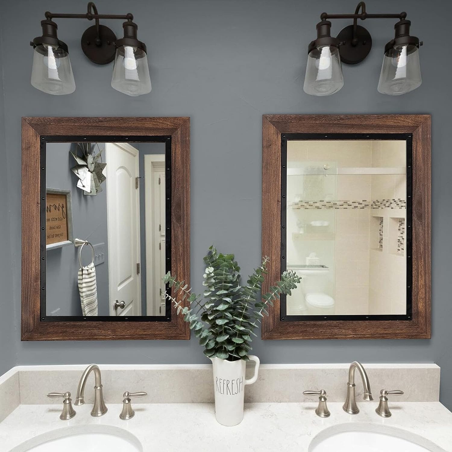 Rustic Wooden and Embedded Iron Framed Wall Bathroom Vanity Mirror