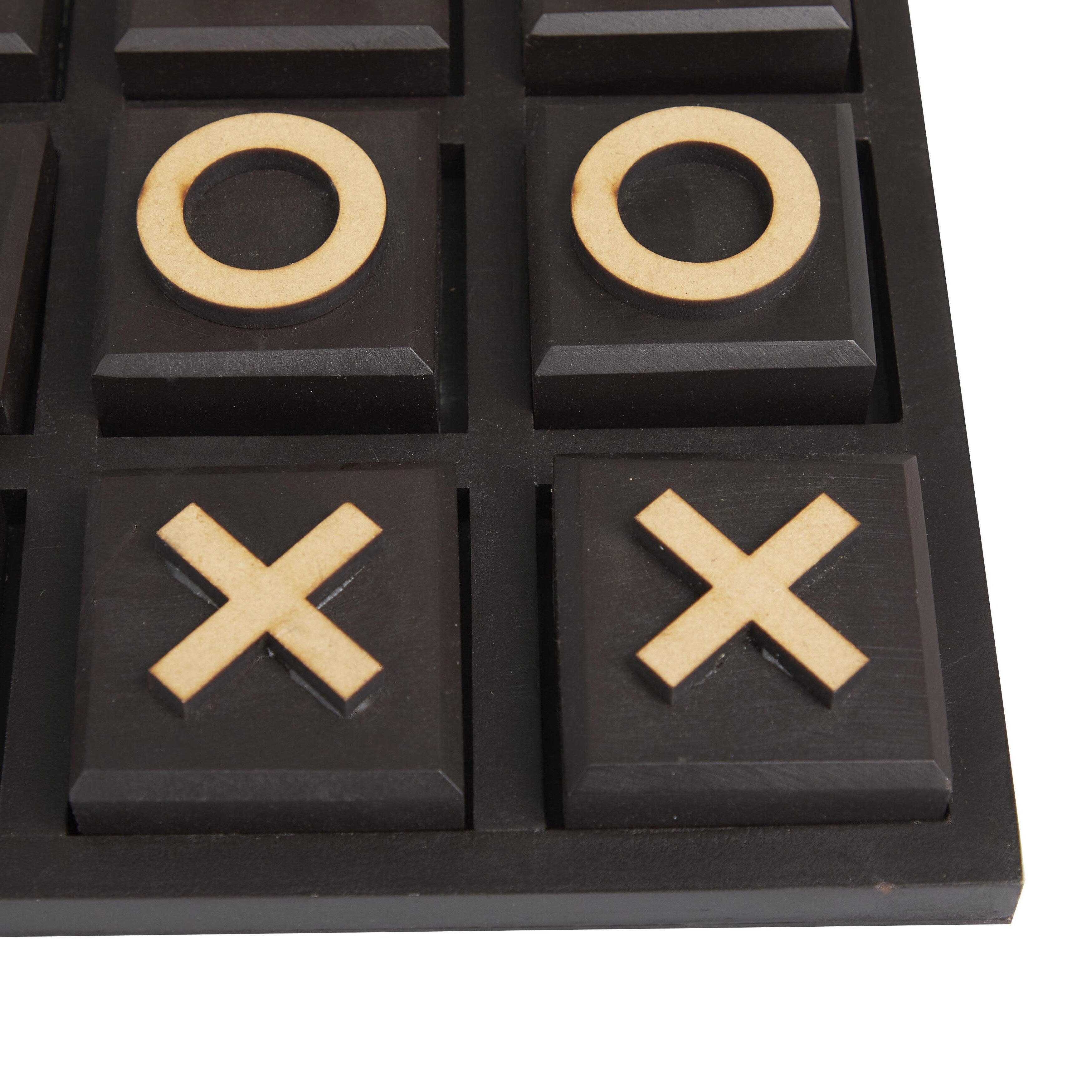 Wooden Tic Tac Toe Block Game Set with Steel or Light Wood Pieces - Black, Dark Brown, Gold - The Novogratz